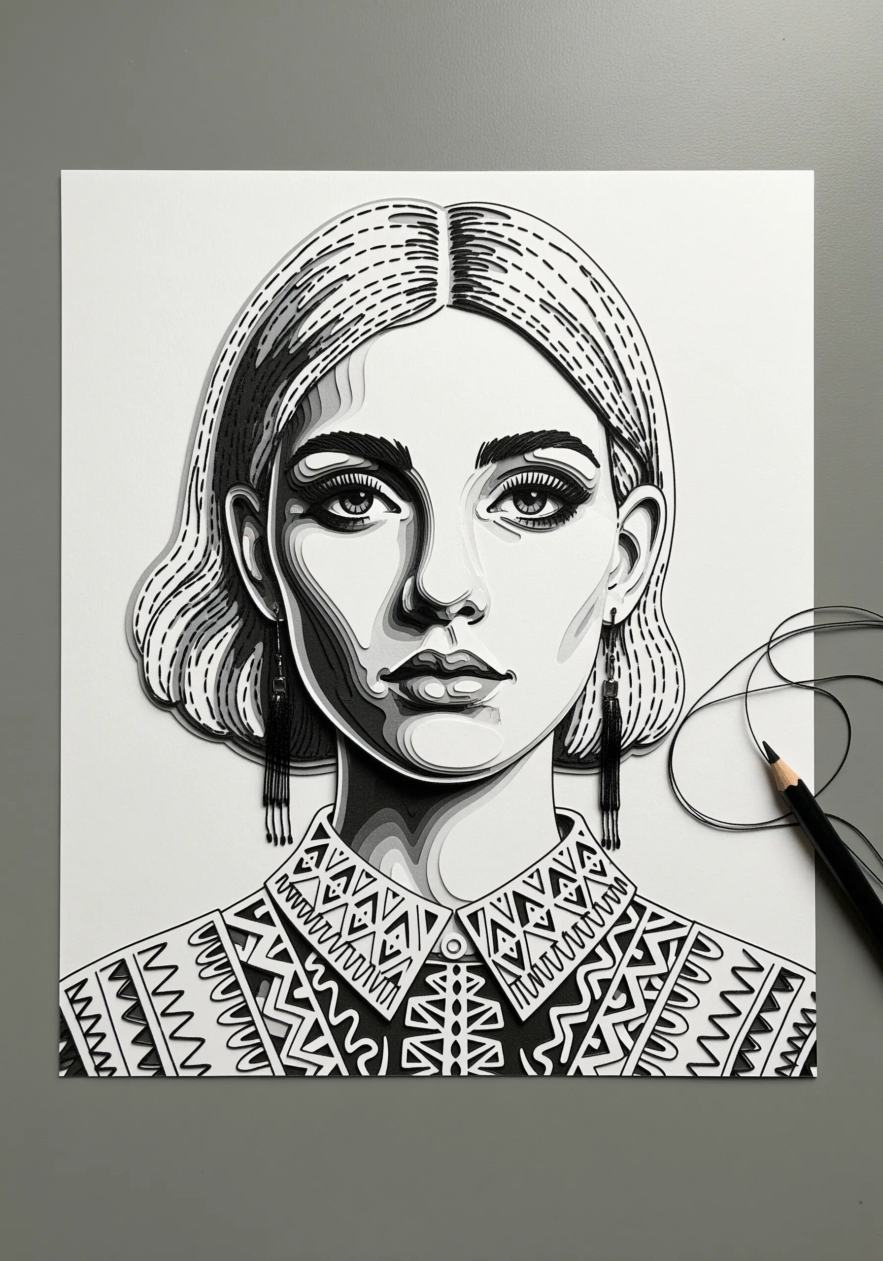 A layered papercut portrait in black and white with fine-line thread details on the hair and shirt.