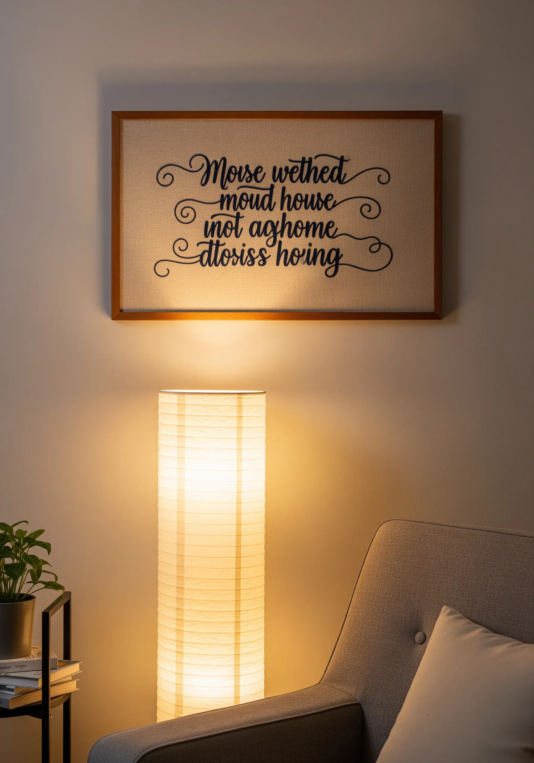 A framed piece of embroidery featuring elegant, flowing black script on linen fabric.