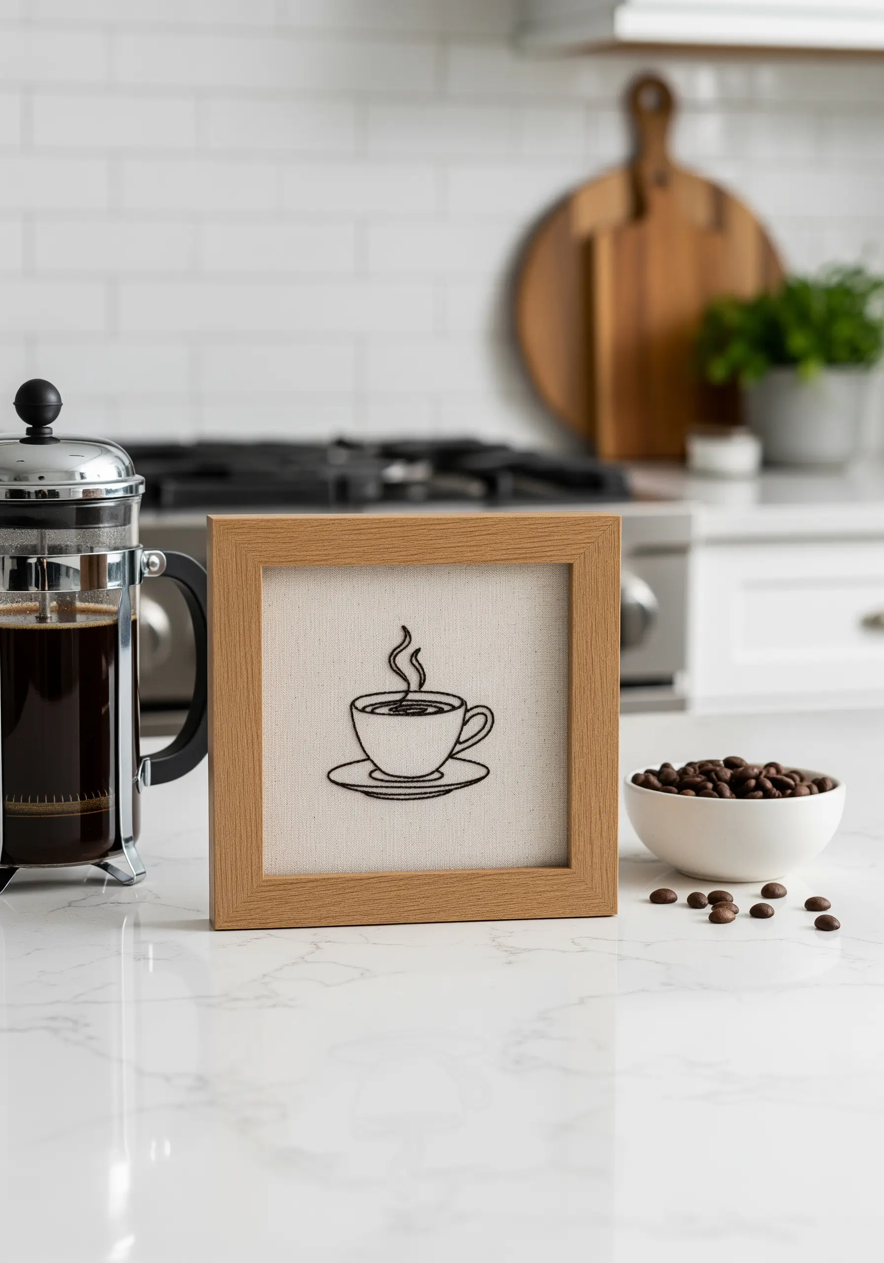 A simple line art embroidery of a steaming coffee cup in a wooden frame.
