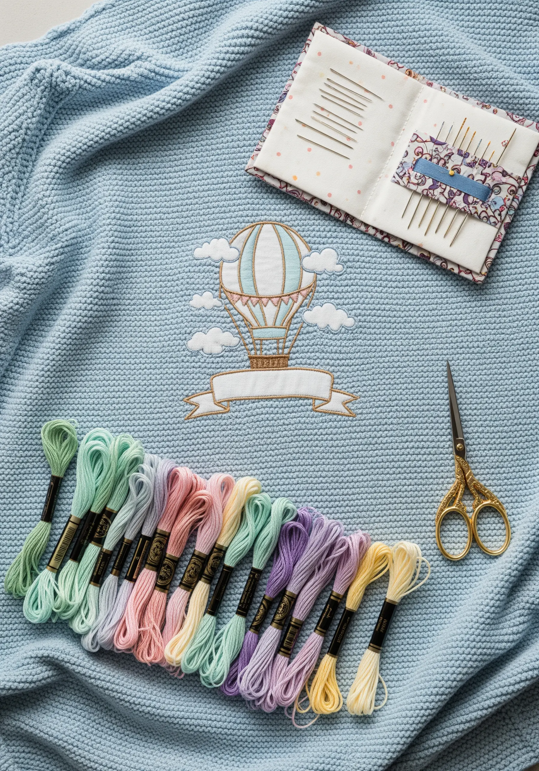 A hot air balloon embroidered in pastel colors on a light blue knit baby blanket.