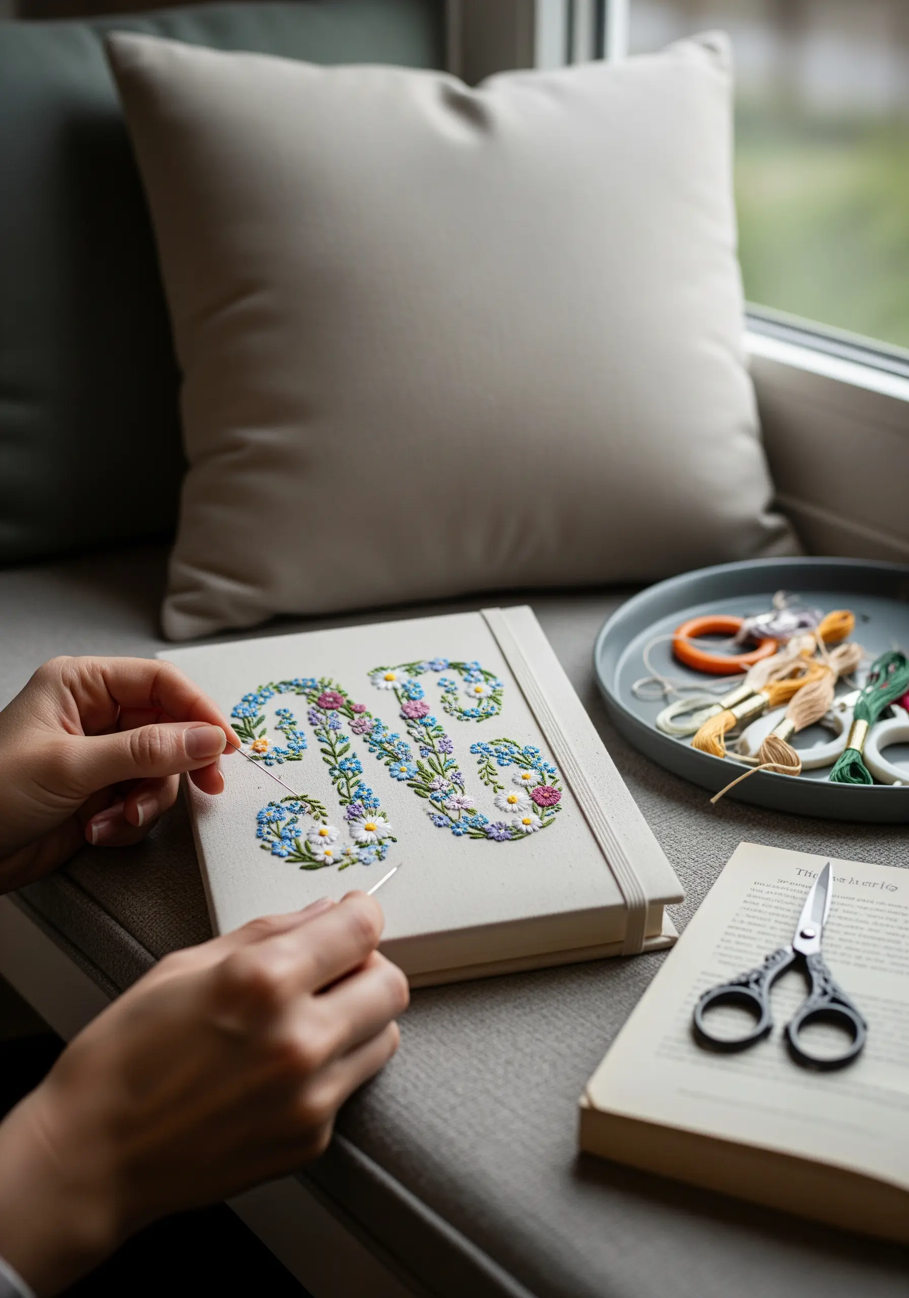A floral monogram filled with tiny embroidered flowers being stitched onto a journal cover.