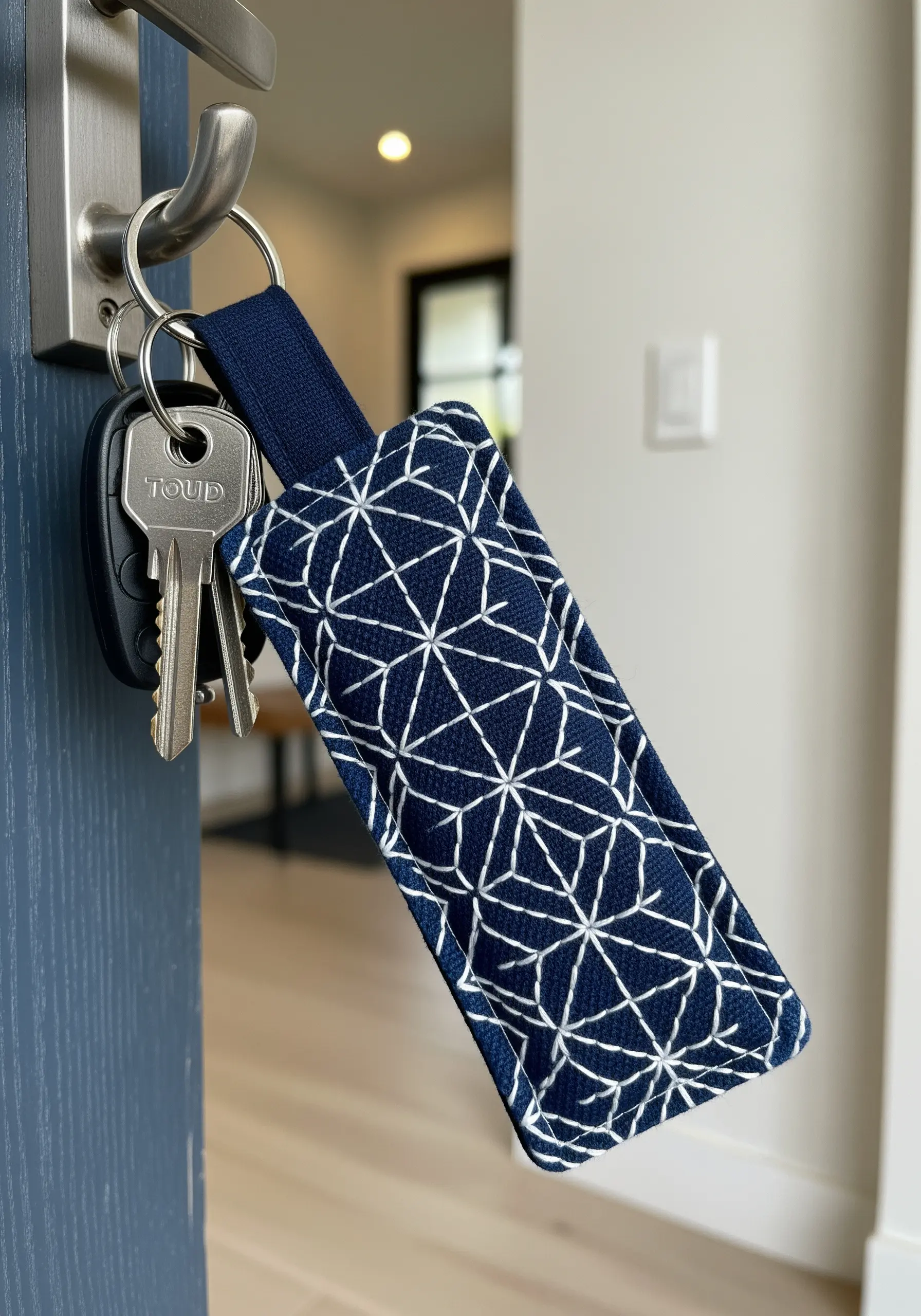 A padded fabric key fob with a blue and white geometric pattern hanging from a doorknob.