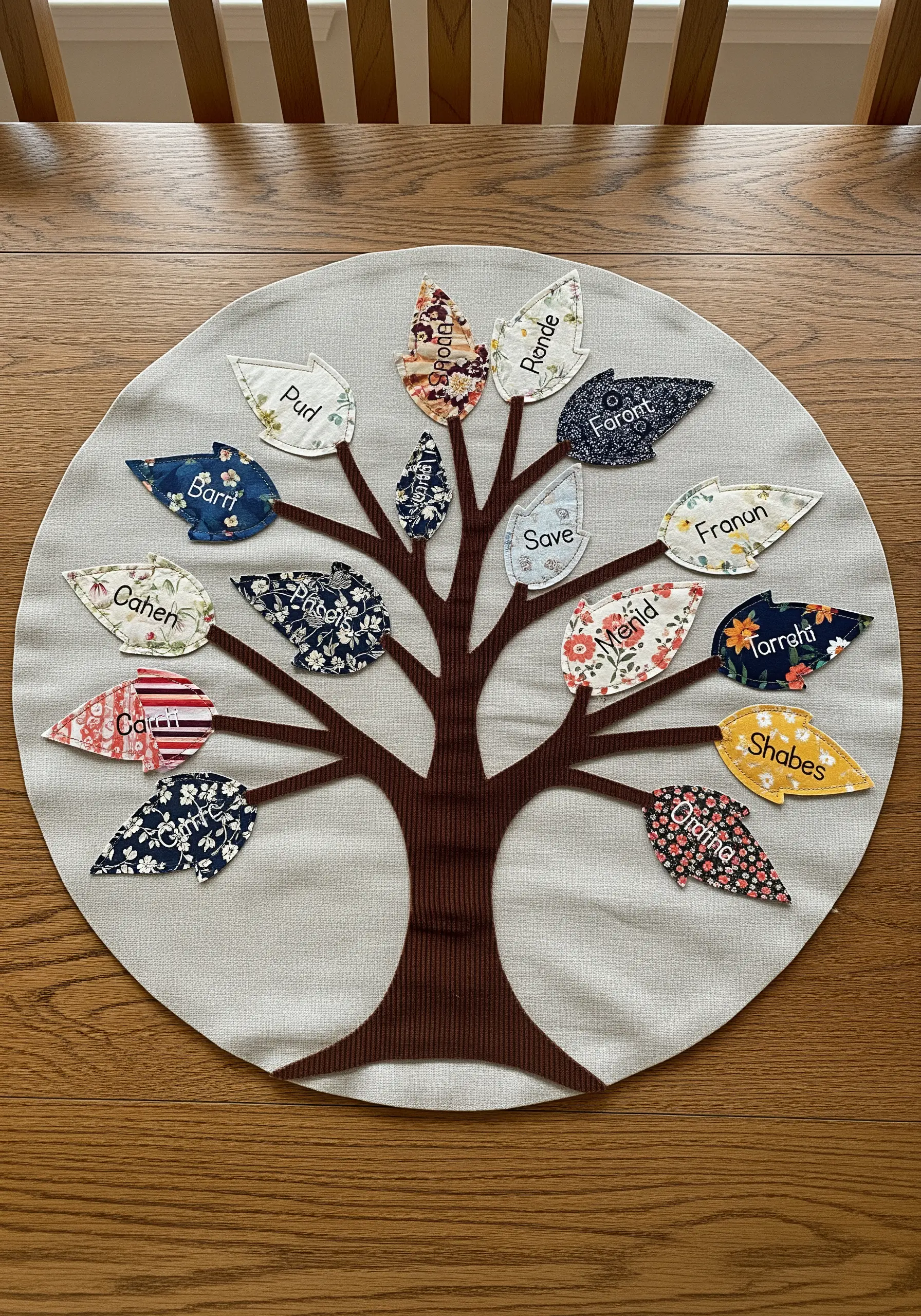 Fabric collage family tree with names stitched onto leaves made from varied patterned fabrics.