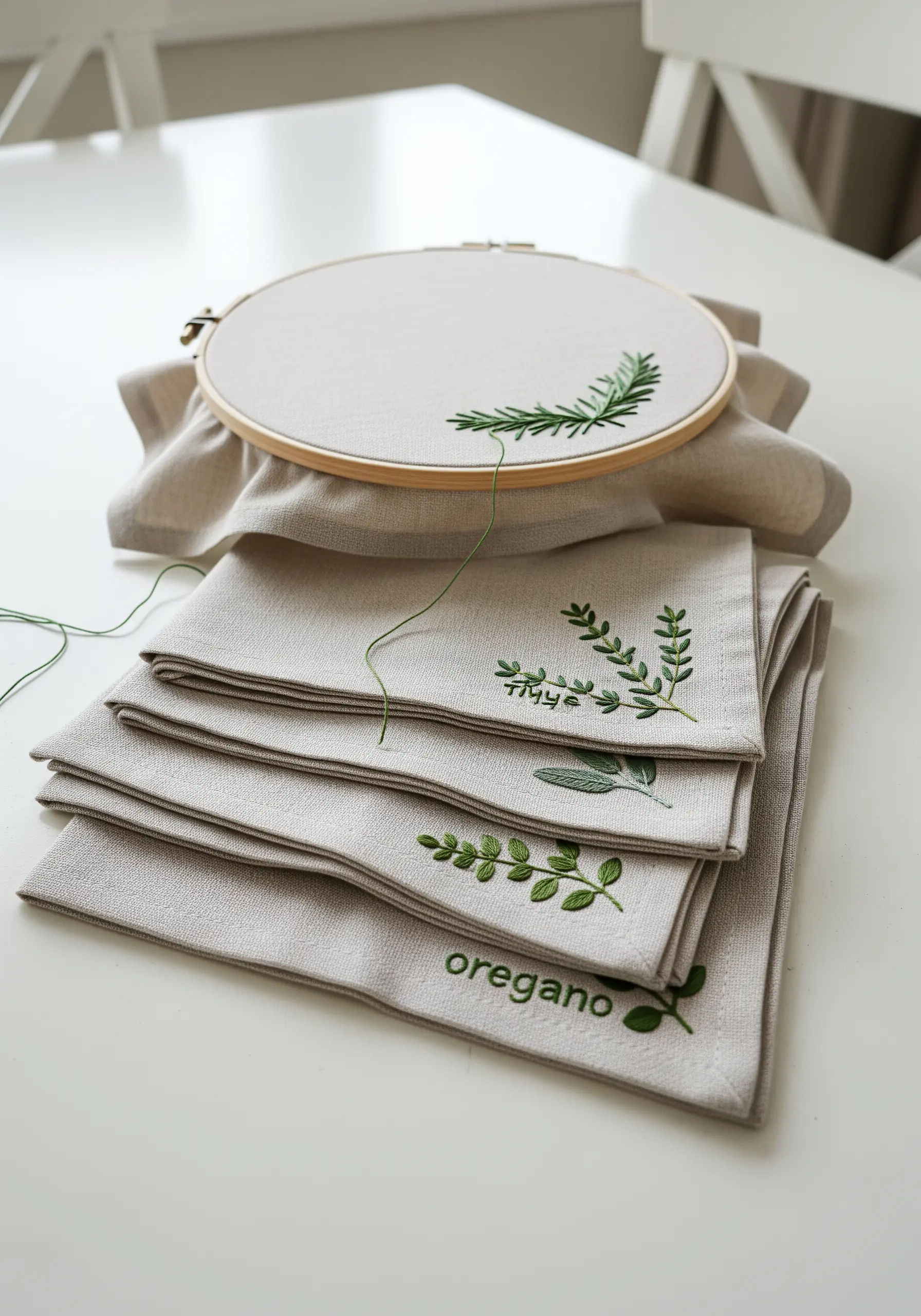 A stack of linen napkins, each embroidered with a different herb sprig and its name.