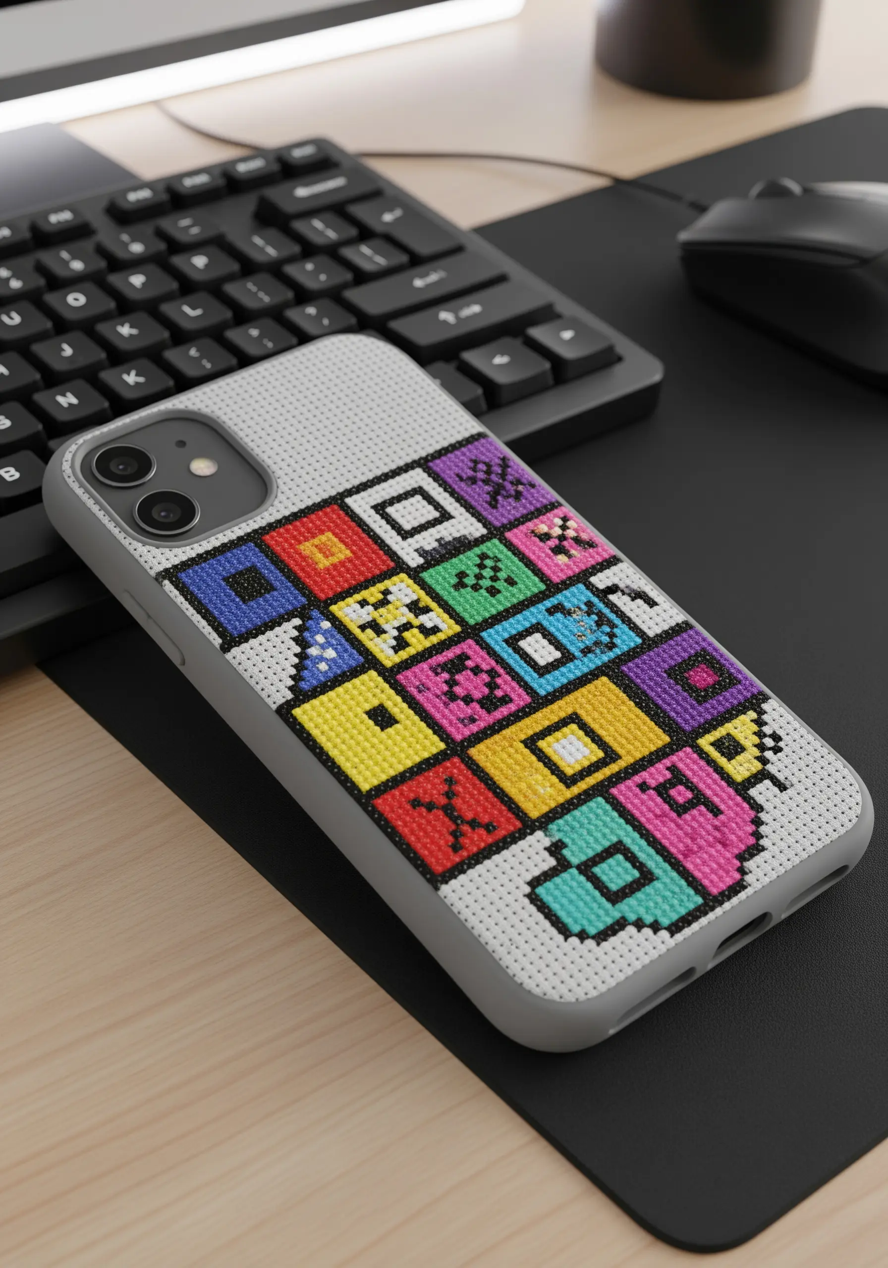A smartphone in a grey case featuring a colorful, geometric cross-stitch pattern.