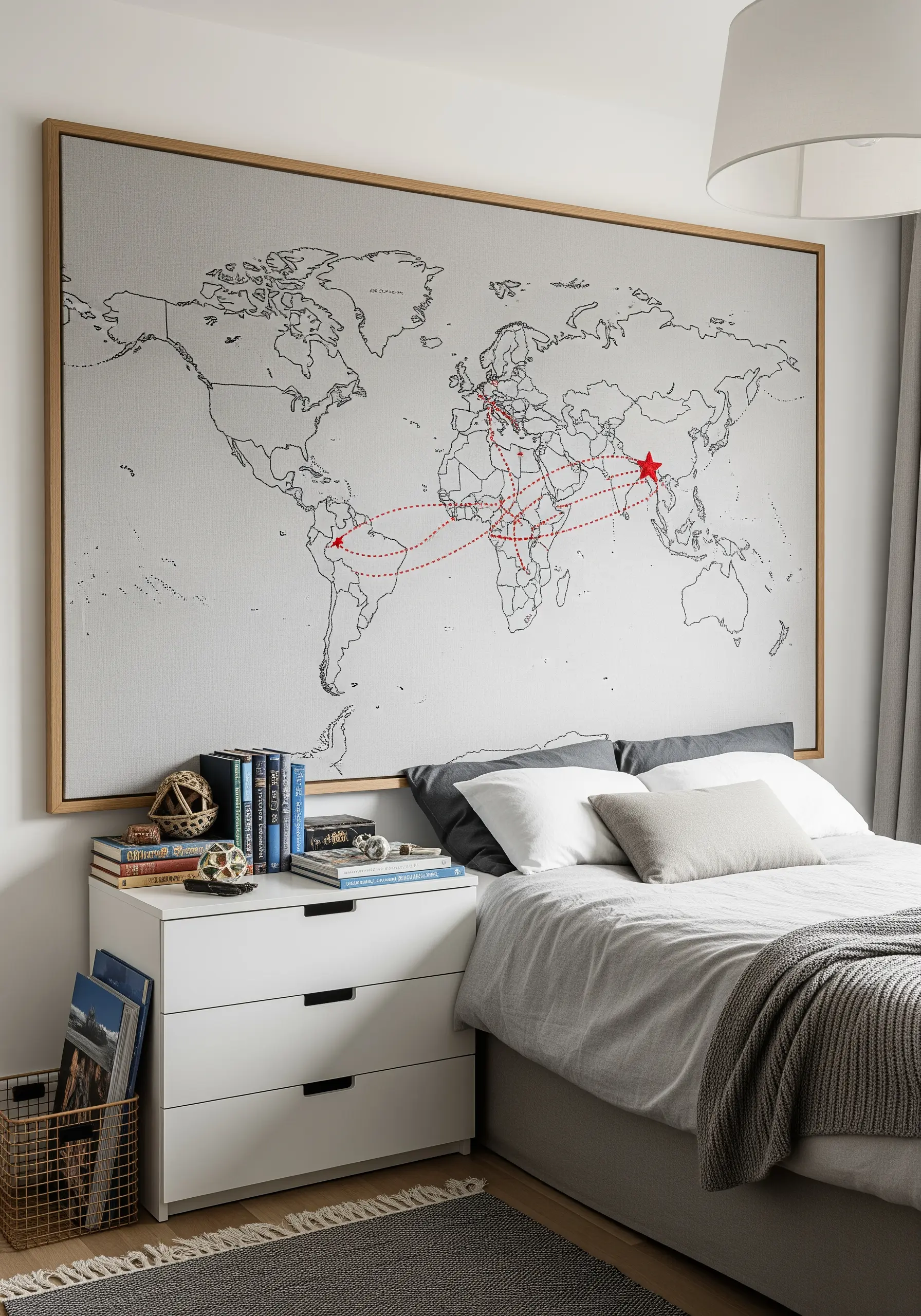Large framed world map on fabric with continents outlined and travel routes stitched in red.