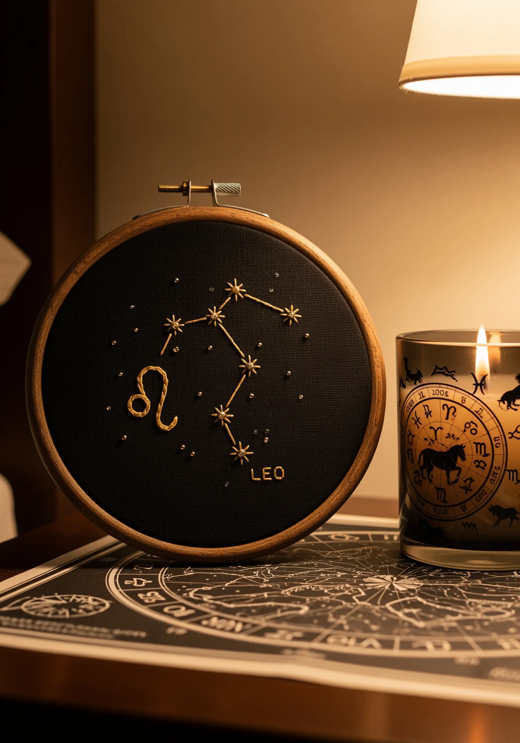 A Leo zodiac constellation embroidered in gold thread on black fabric, displayed on a nightstand.