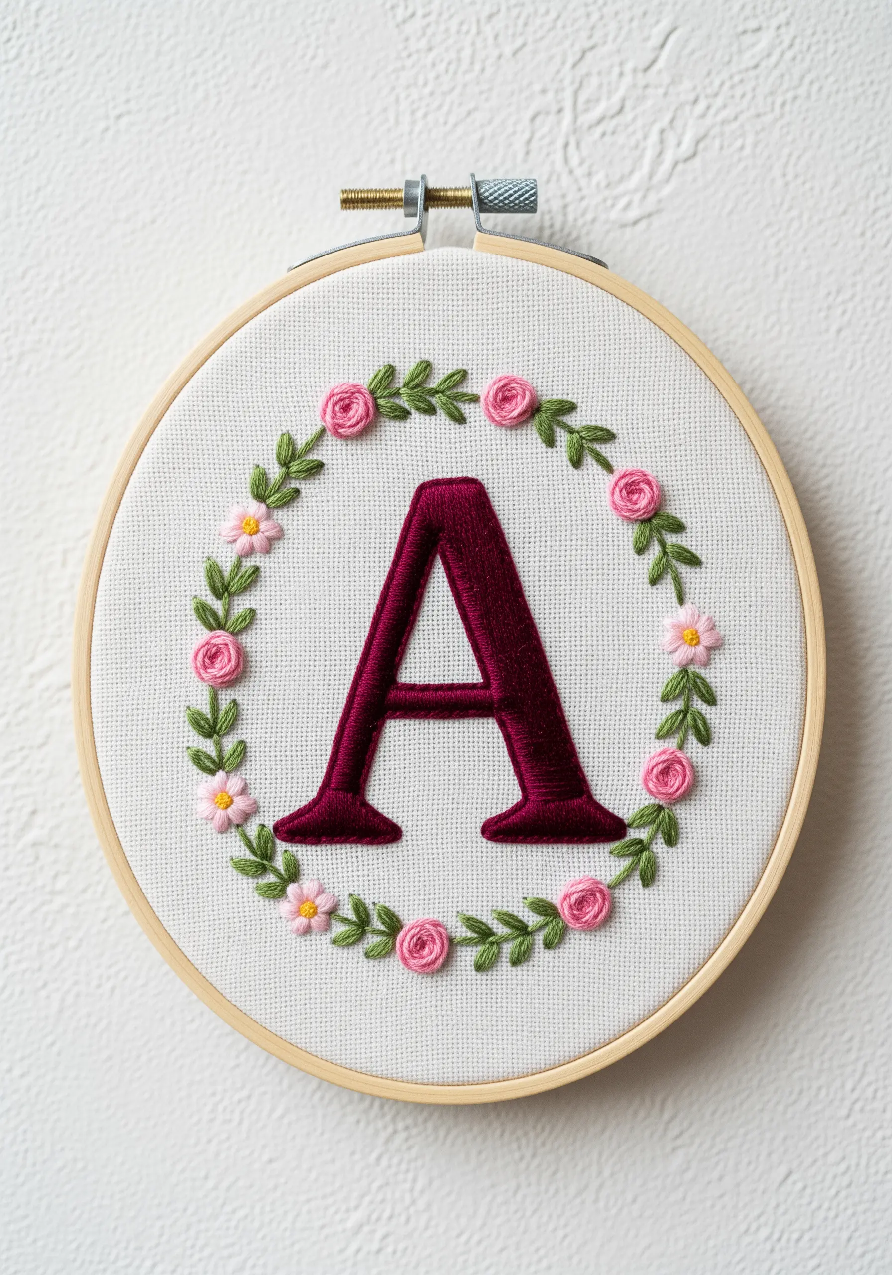 Embroidered letter 'A' in burgundy satin stitch surrounded by a pink floral wreath.