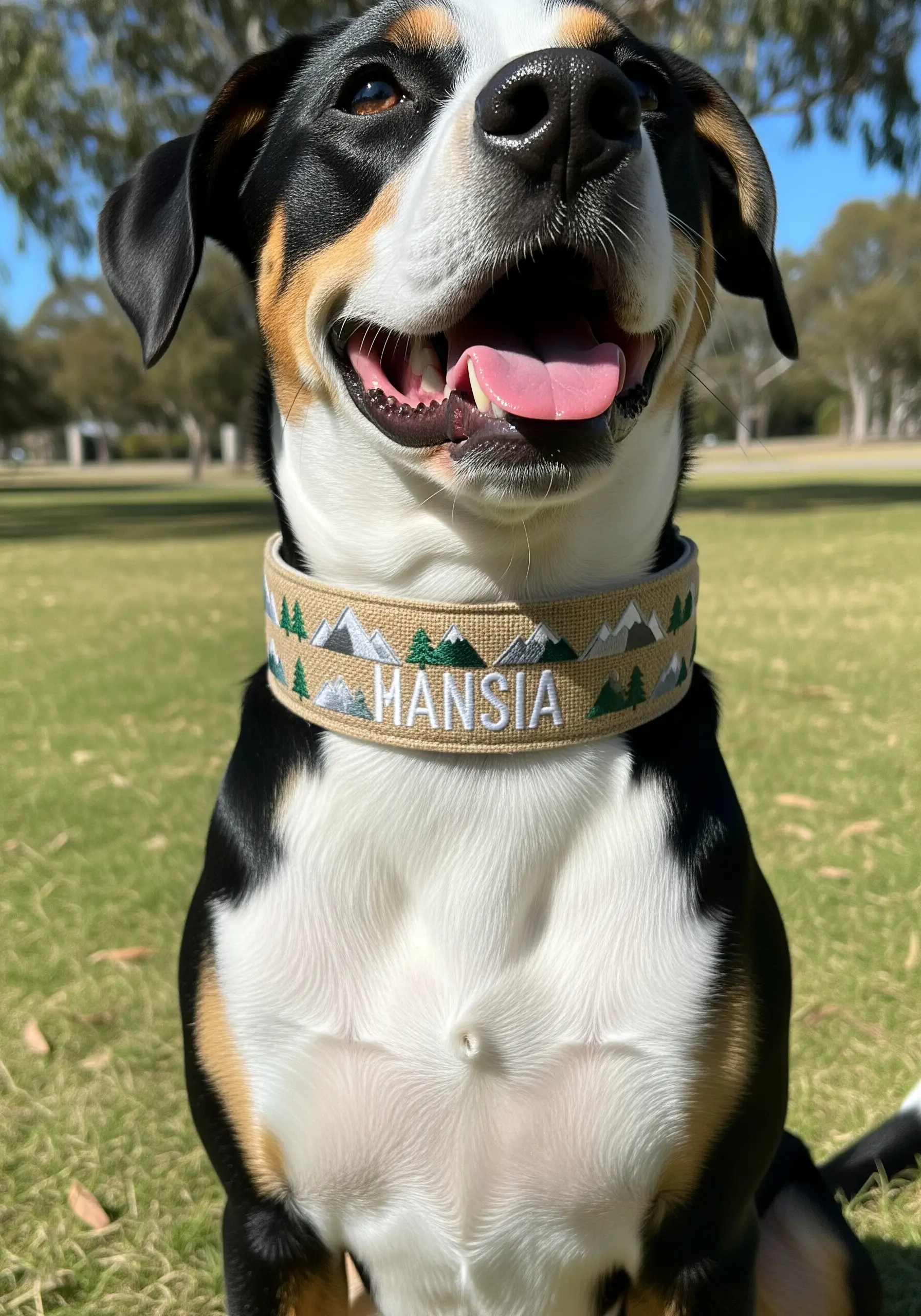 A dog wearing a custom burlap-style collar embroidered with a name and a mountain range.