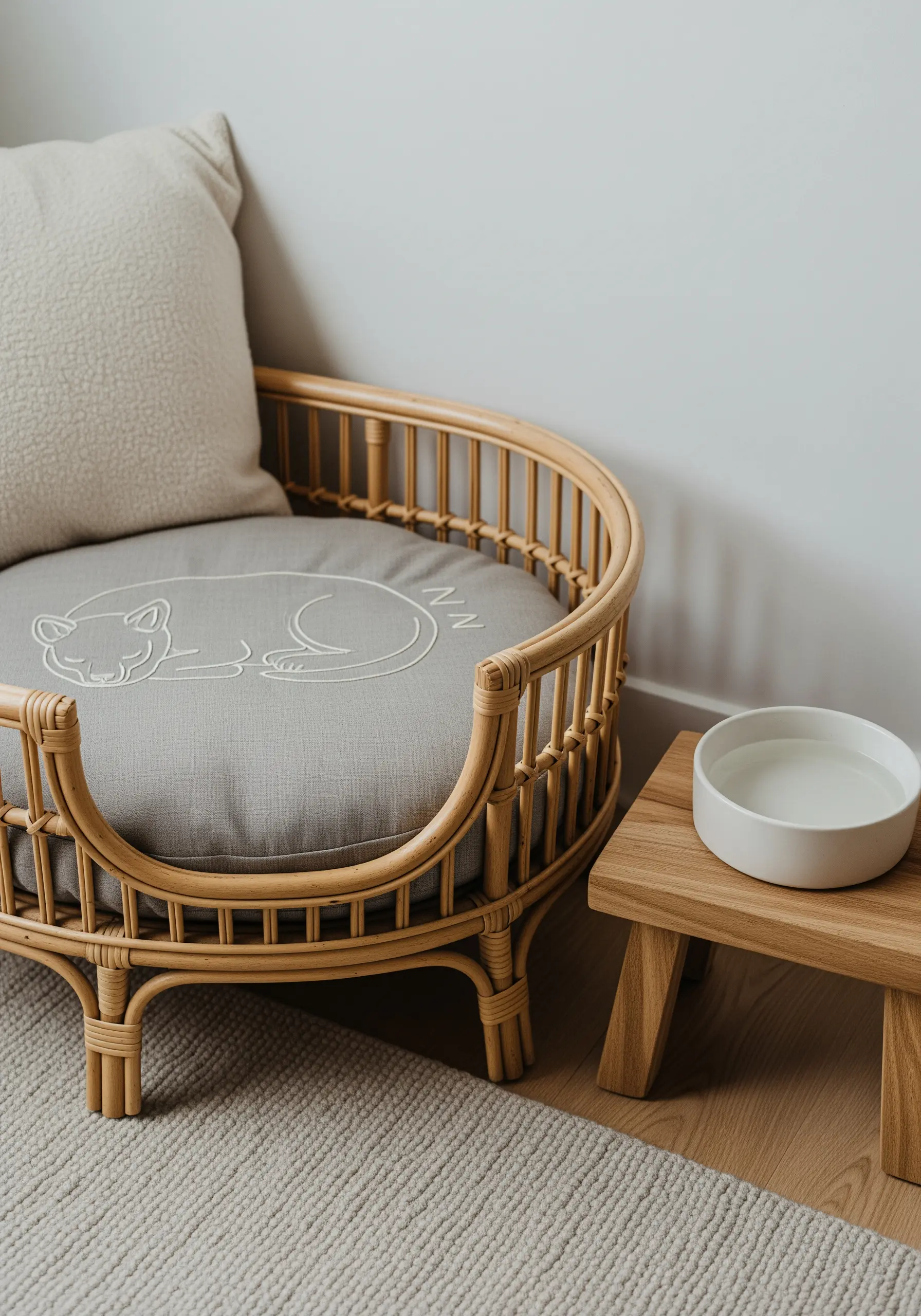 A grey cushion in a rattan pet bed with a simple outline embroidery of a sleeping cat.
