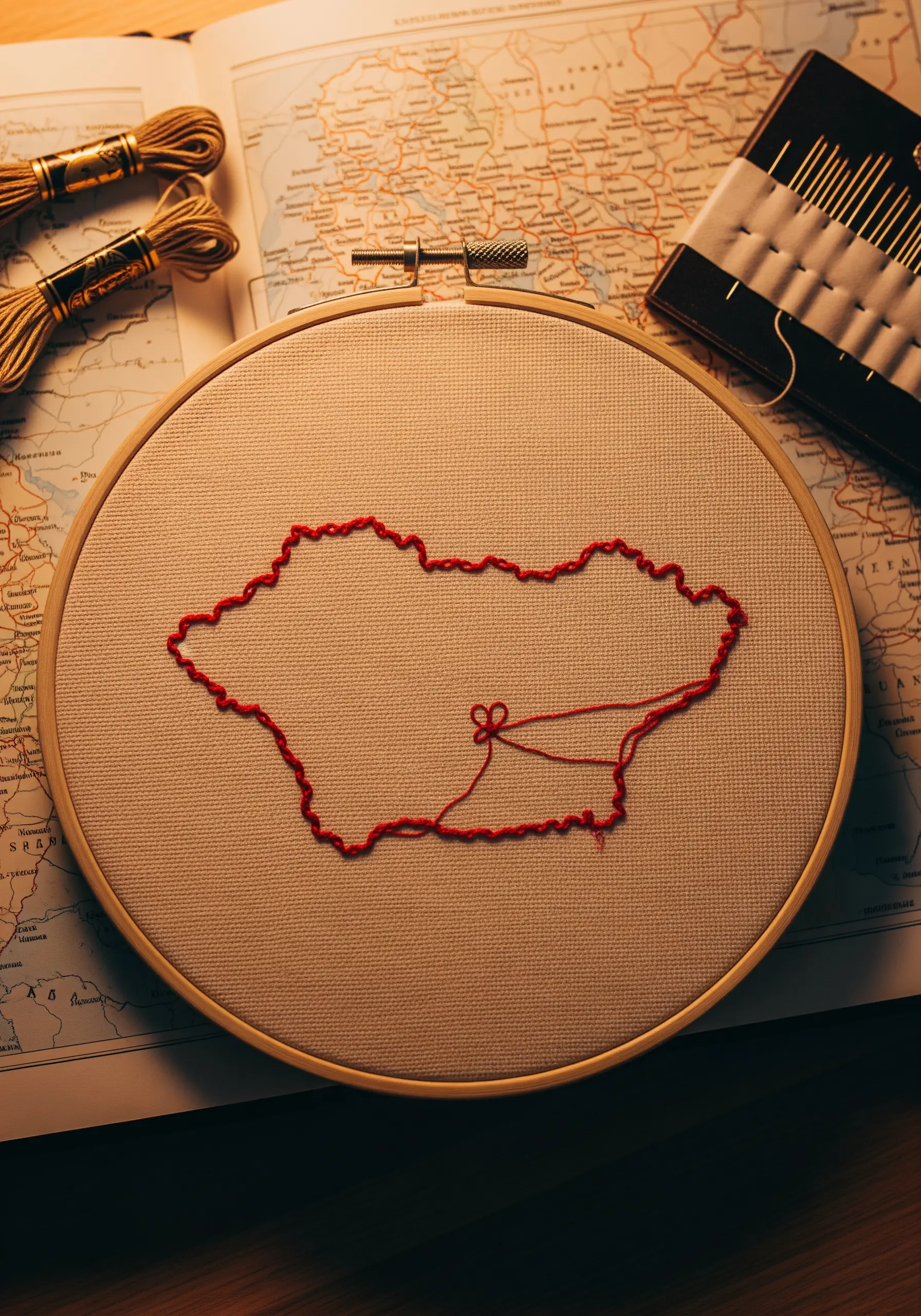 Red thread embroidery outlining a country map, placed over a paper map background.