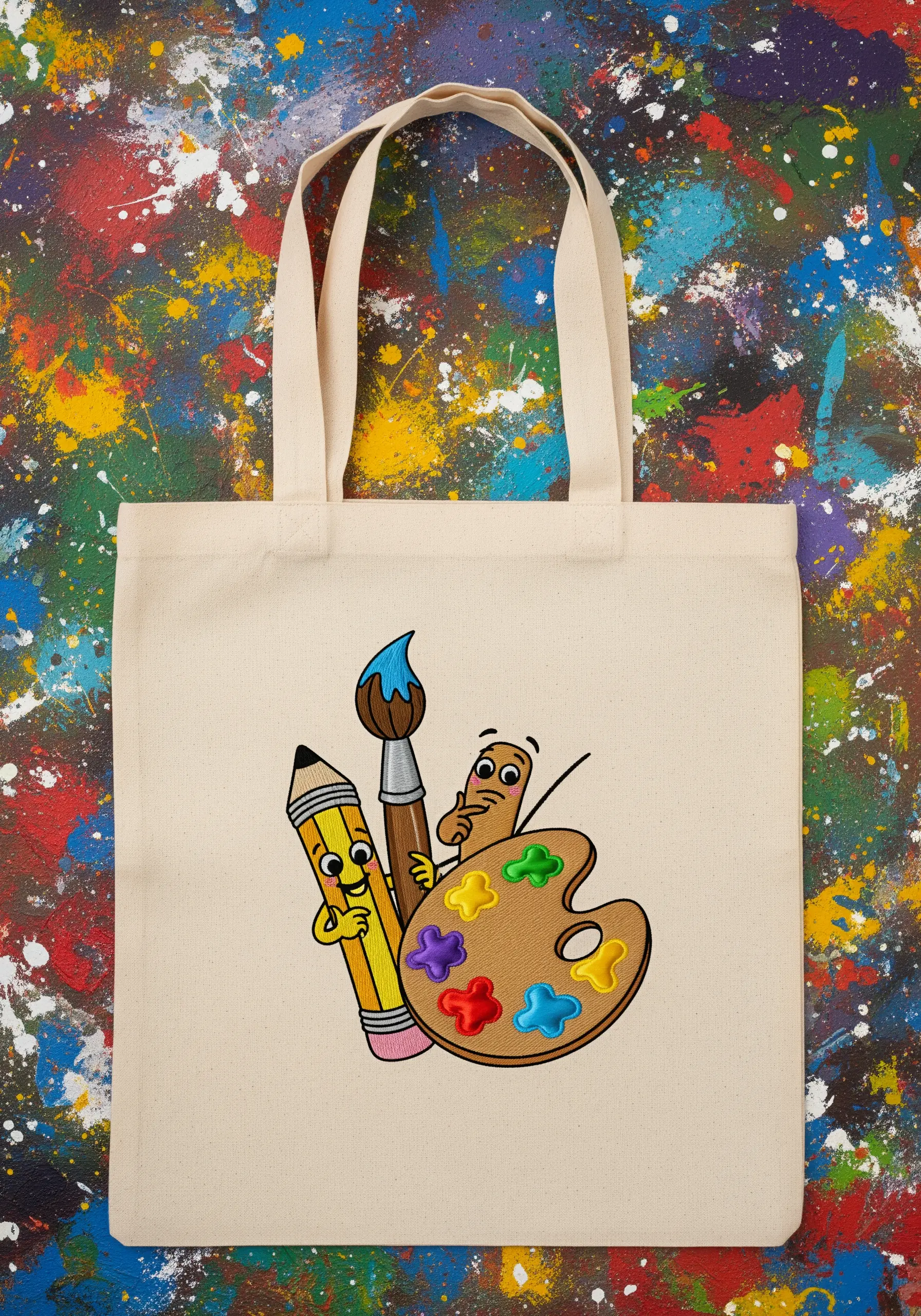 A cartoon pencil, paintbrush, and artist's palette with cute faces embroidered on a canvas tote bag