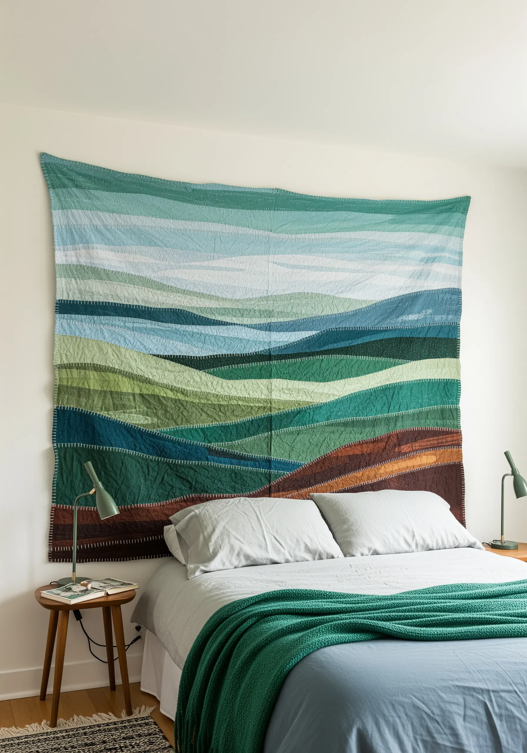 A large, quilted wall hanging behind a bed, depicting an abstract landscape in greens and blues.