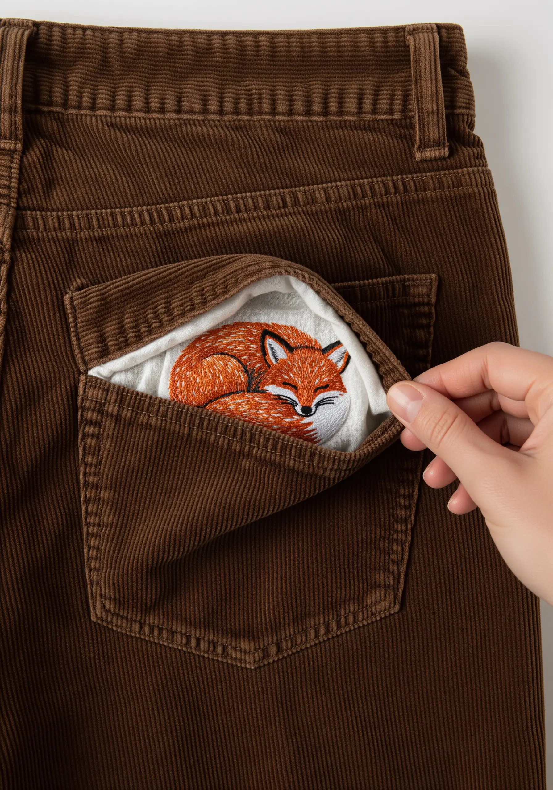 A sleeping fox with detailed fur texture embroidered on a white pocket lining, peeking from brown pants.