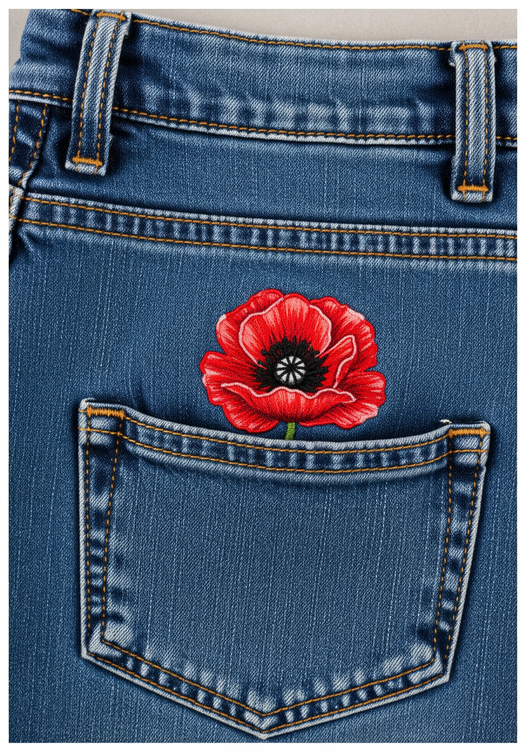 A vibrant red poppy with a black center embroidered to peek out of a blue jeans back pocket.