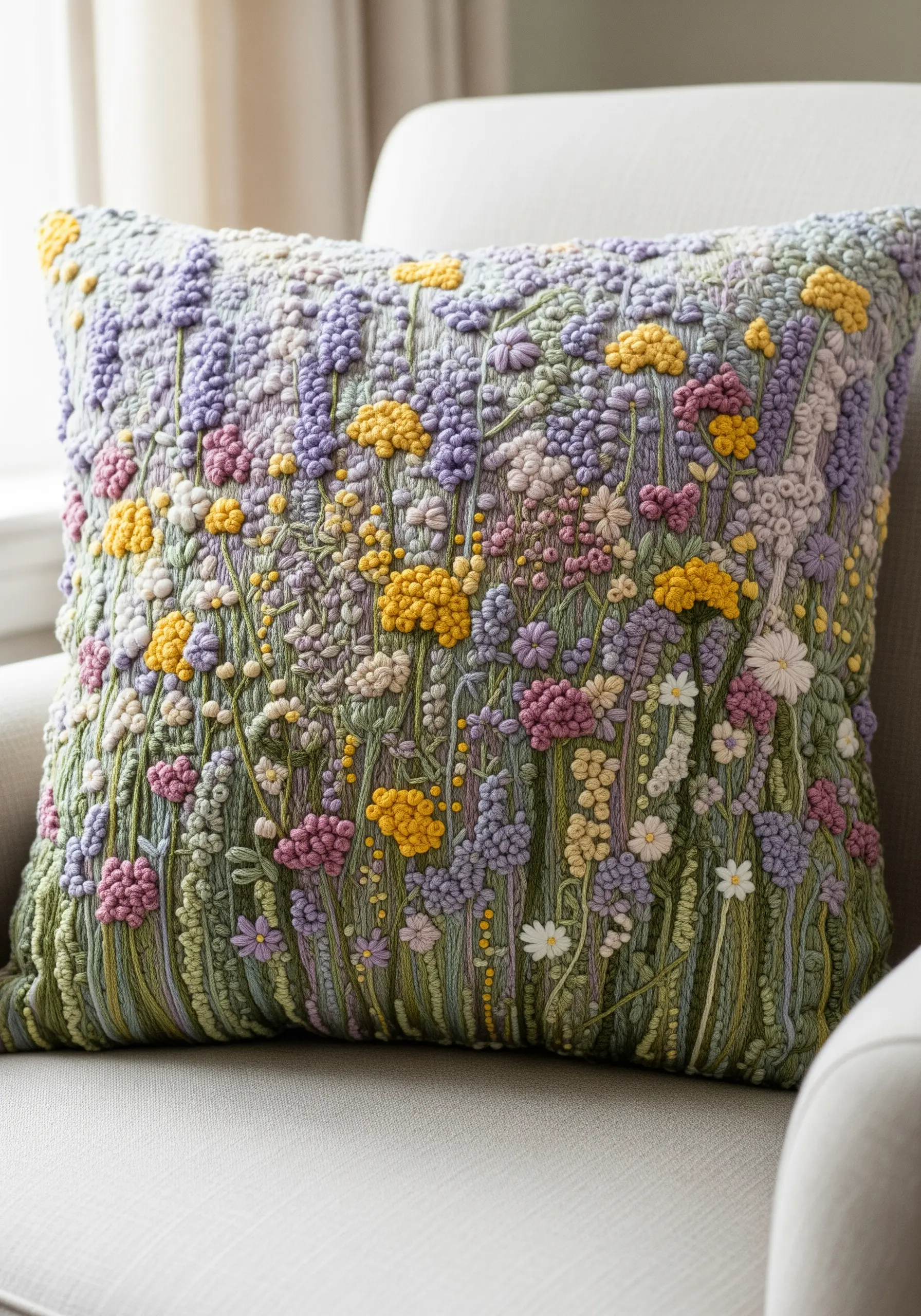 A highly textured throw pillow embroidered with a dense field of colorful wildflowers.