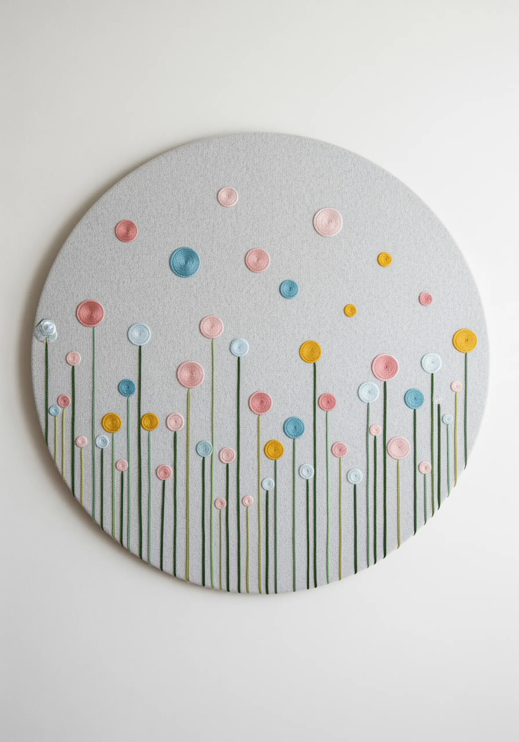 Abstract embroidered wall art with colorful coiled circles as flowers on long green stems.