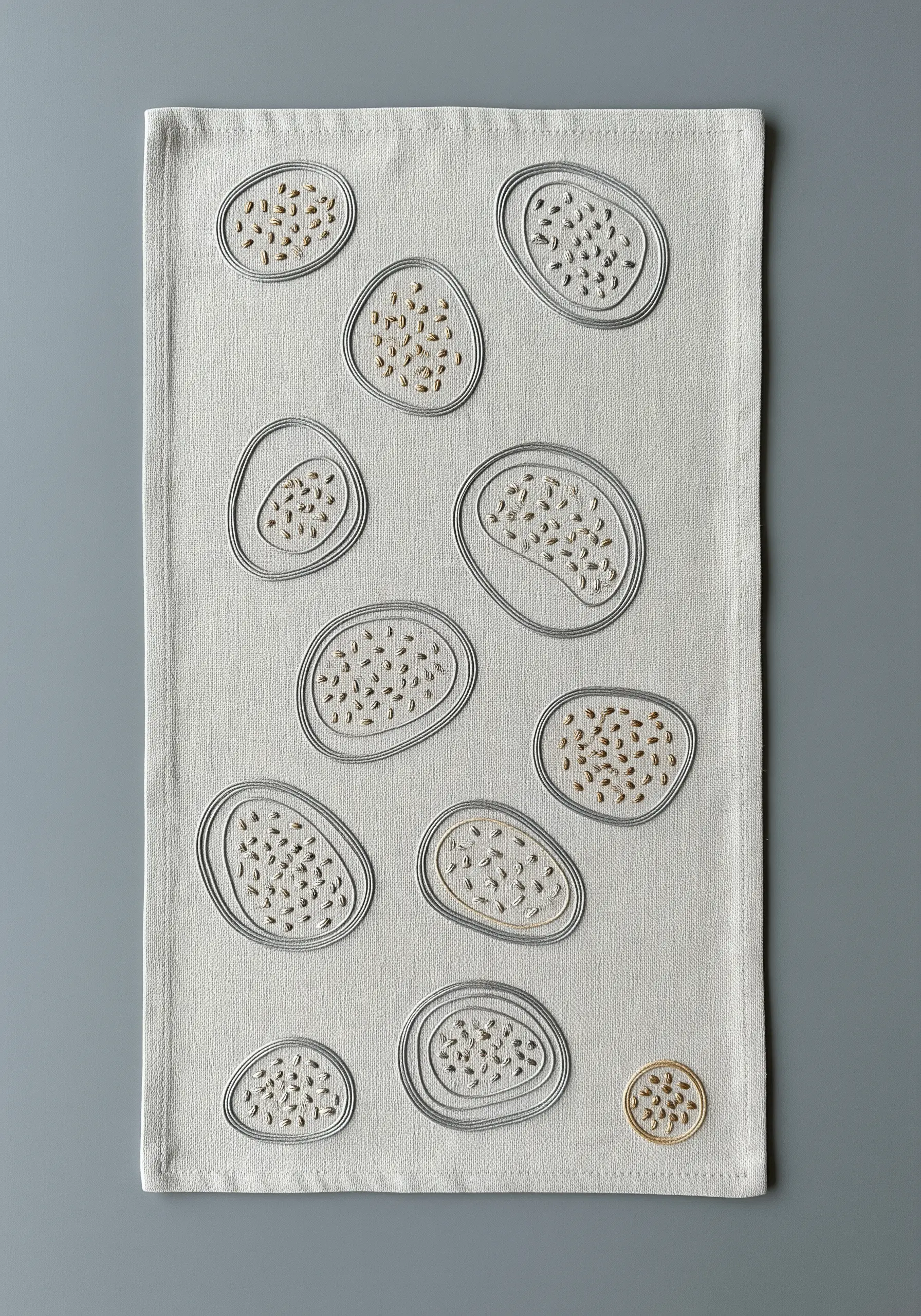 Abstract seed pod shapes with raised grey outlines and delicate gold seed stitch fills.