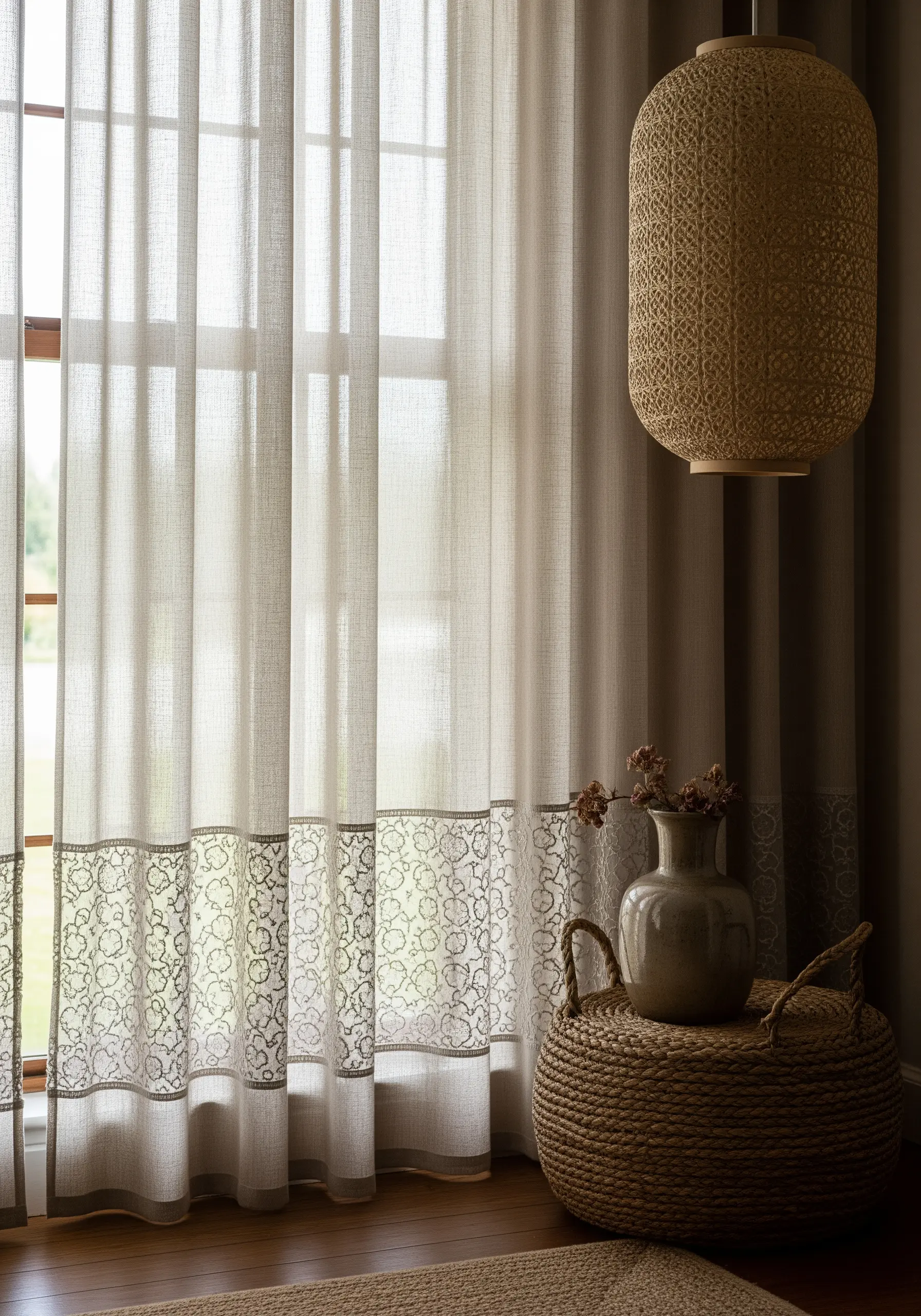 A delicate mandala pattern embroidered as a border on semi-sheer linen curtains.