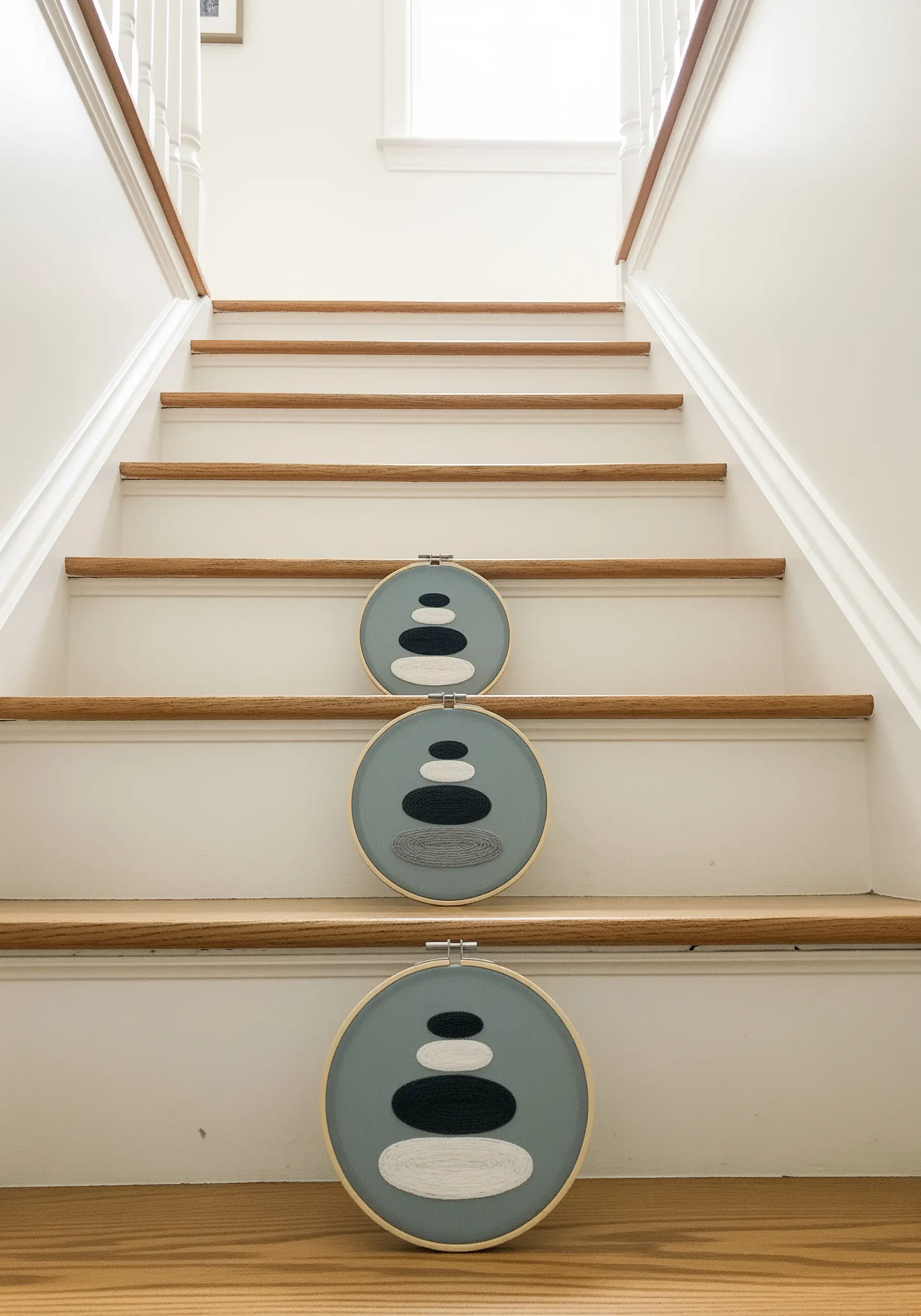 Three embroidery hoops with stacked stones in black, white, and gray.