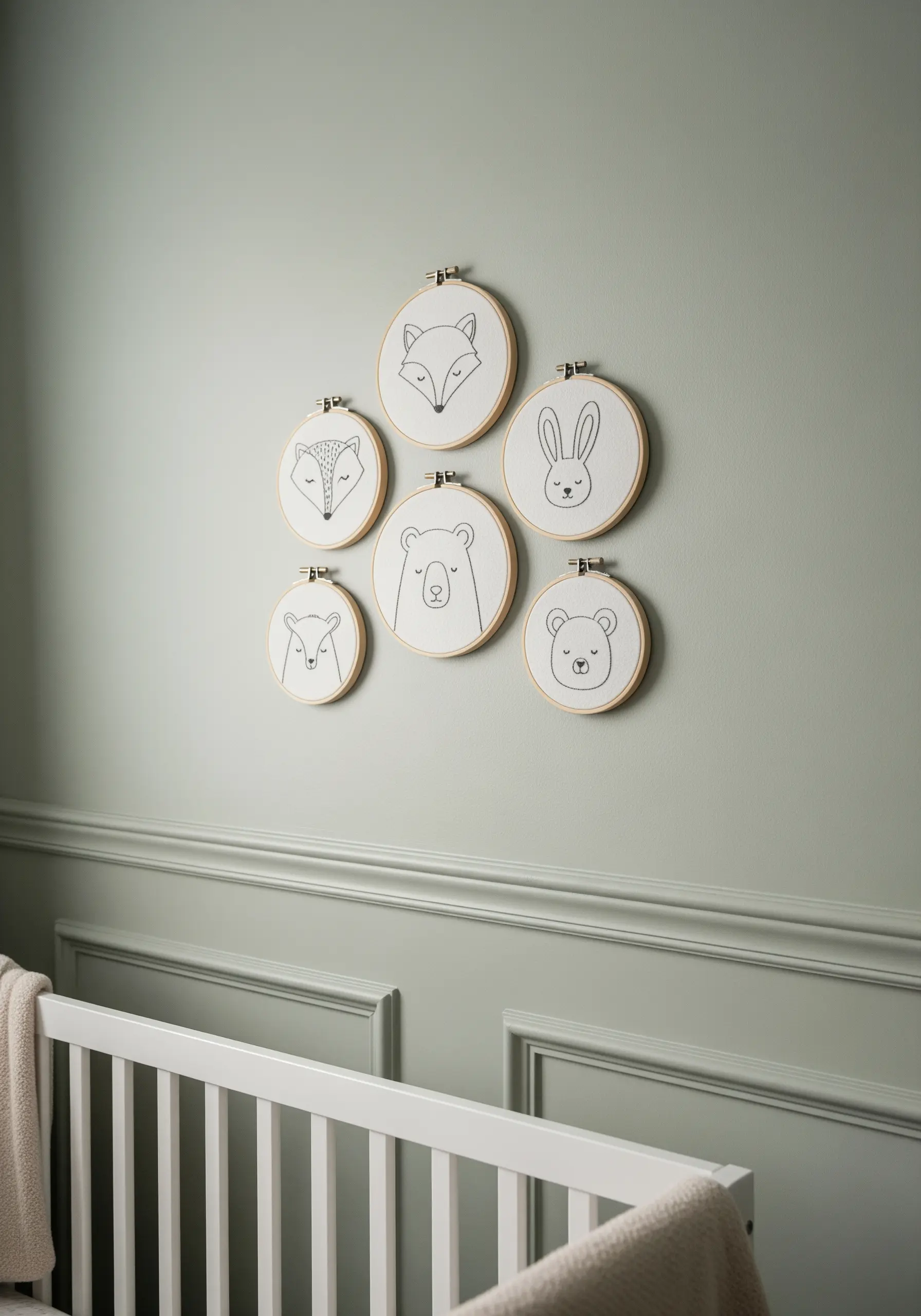 Minimalist line art embroidery of woodland animal faces for a nursery gallery wall.