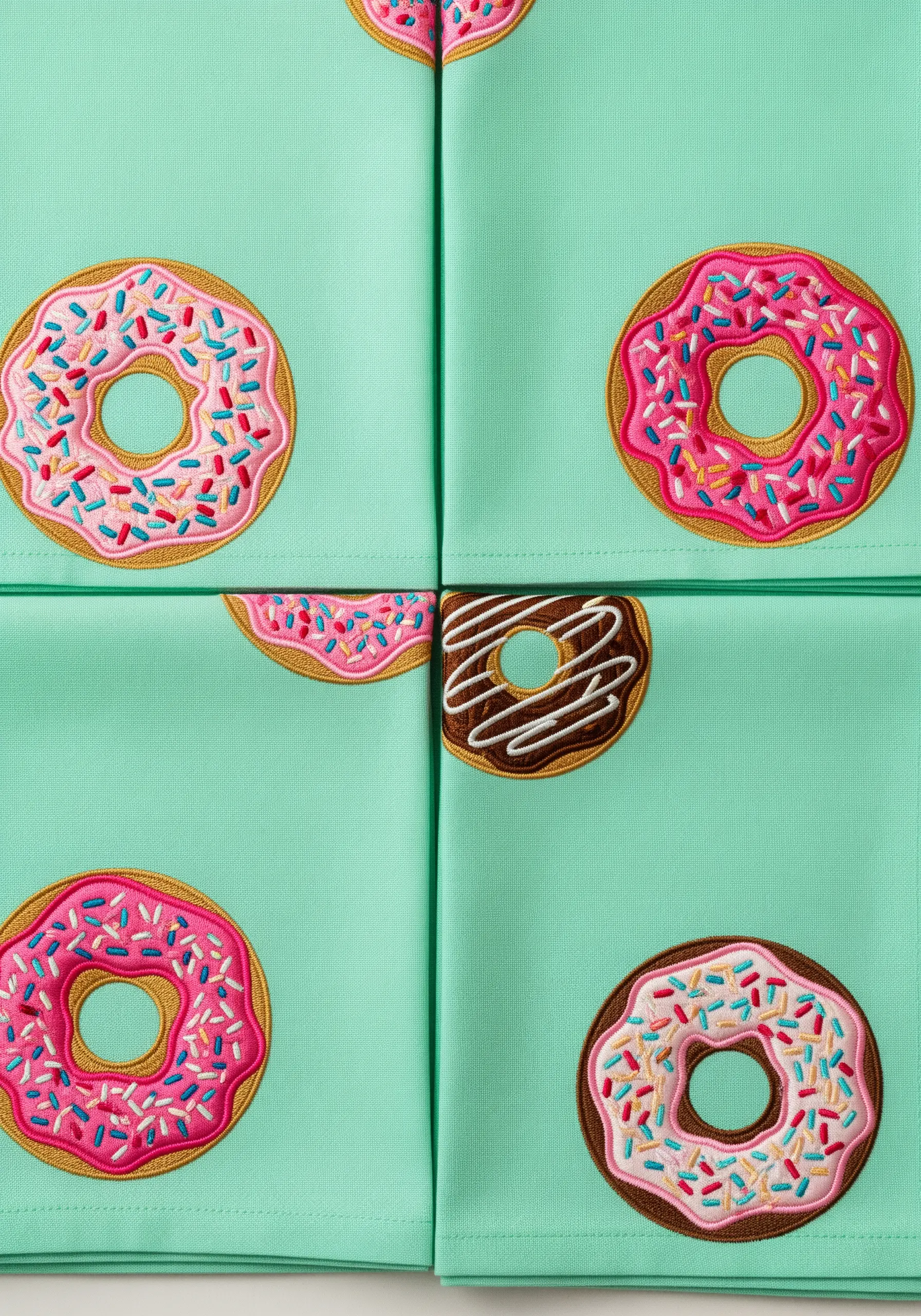 Colorful embroidered donuts with satin stitch icing and straight stitch sprinkles.