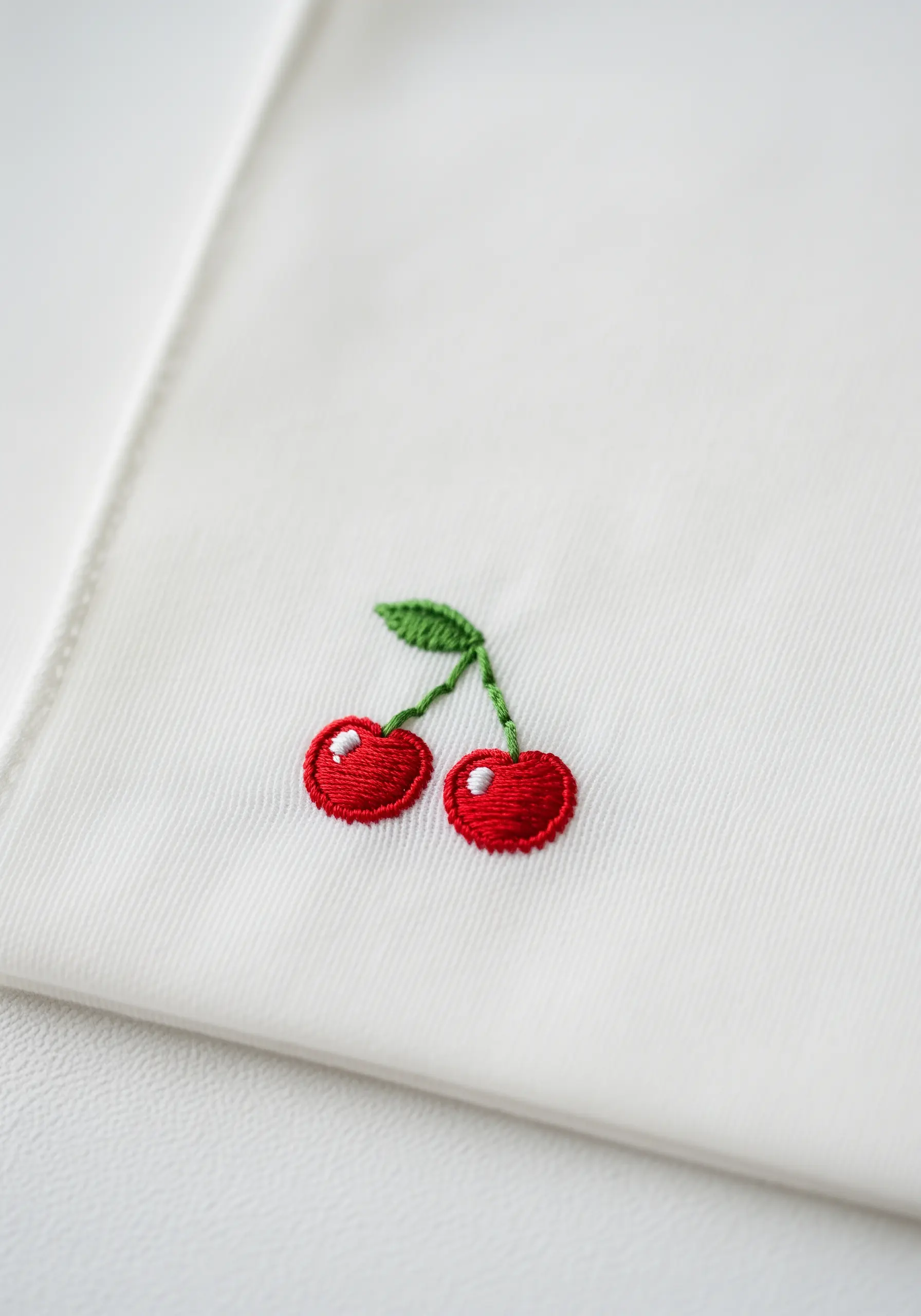 A pair of embroidered cherries with raised satin stitch and a small white highlight.