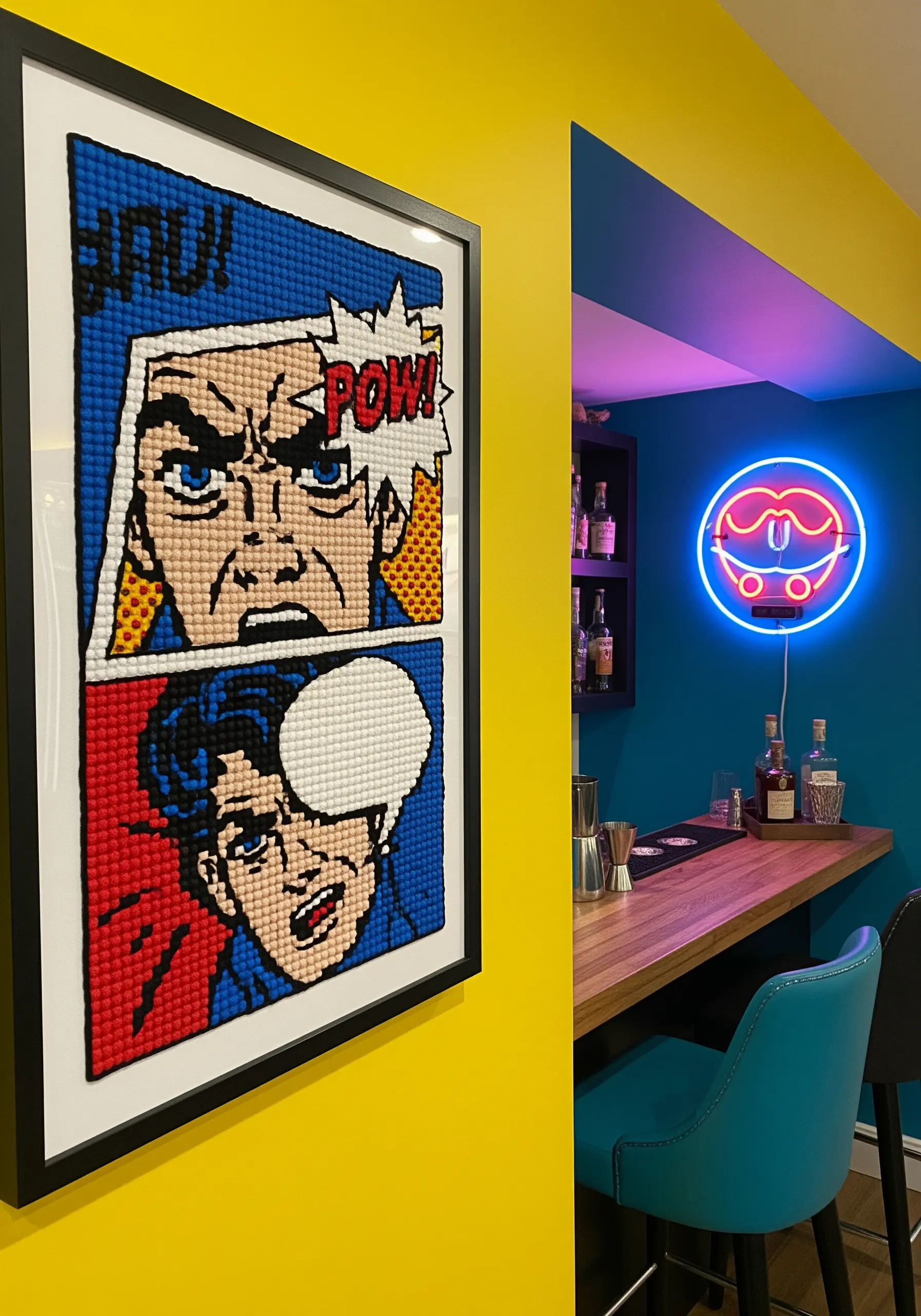 A framed pop art embroidery of a comic book panel with dense, colorful stitches.