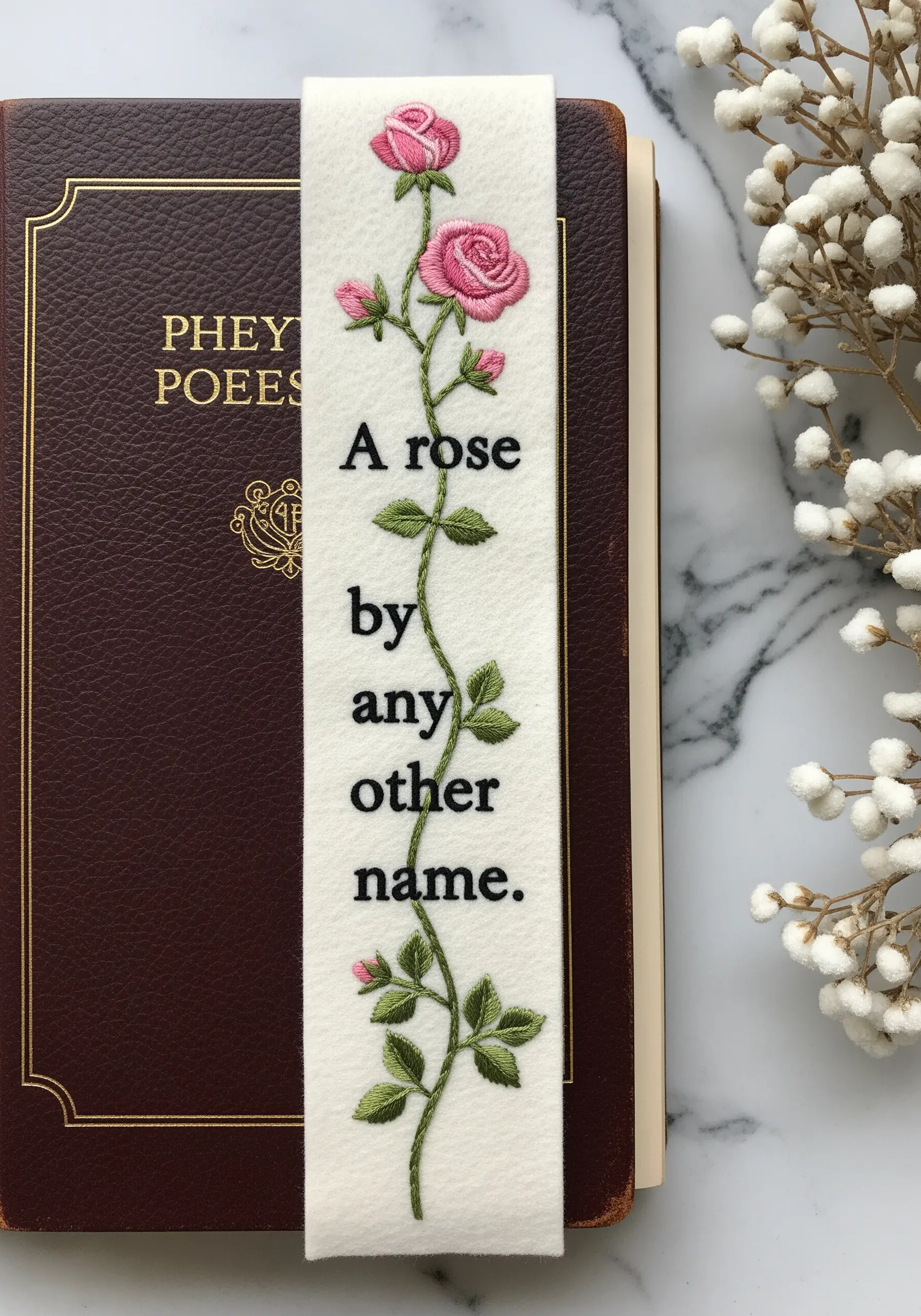 An embroidered bookmark made of white felt with a climbing pink rose vine and a quote.