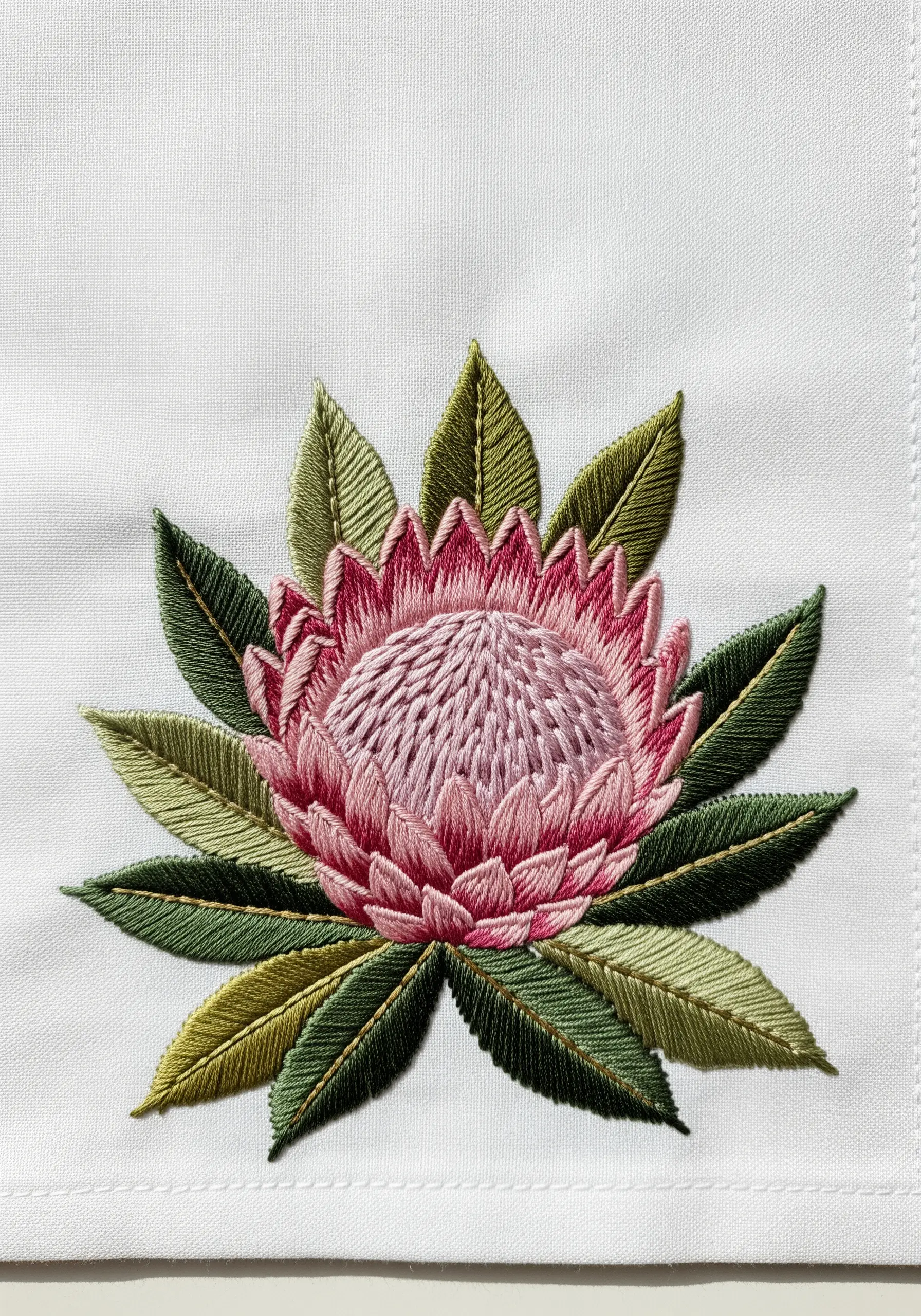 A highly realistic king protea flower embroidered on white linen using needle painting techniques.
