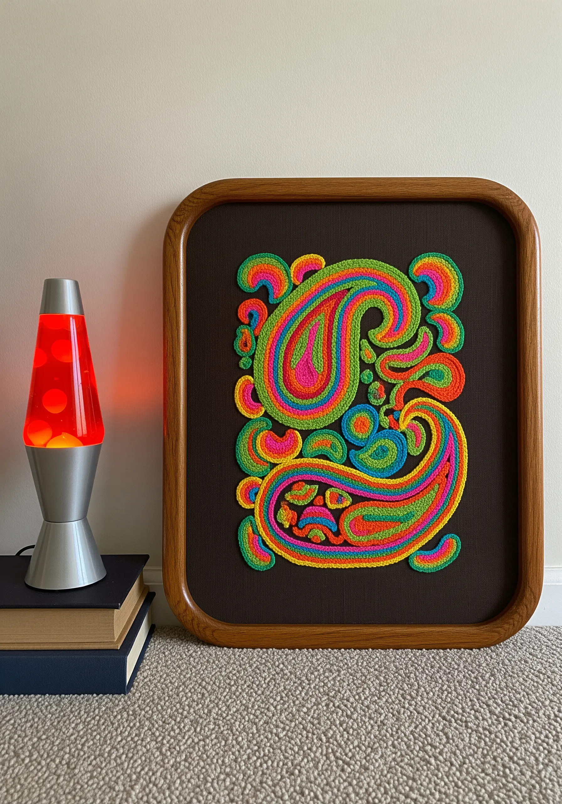 A vibrant, psychedelic paisley embroidery with bright, shifting colors on a dark background.