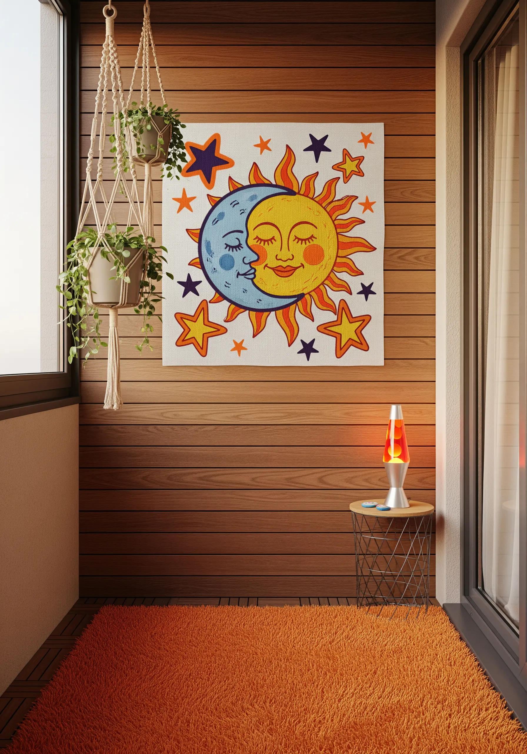 A colorful retro-style embroidery of a sun, moon, and stars on a wooden wall.