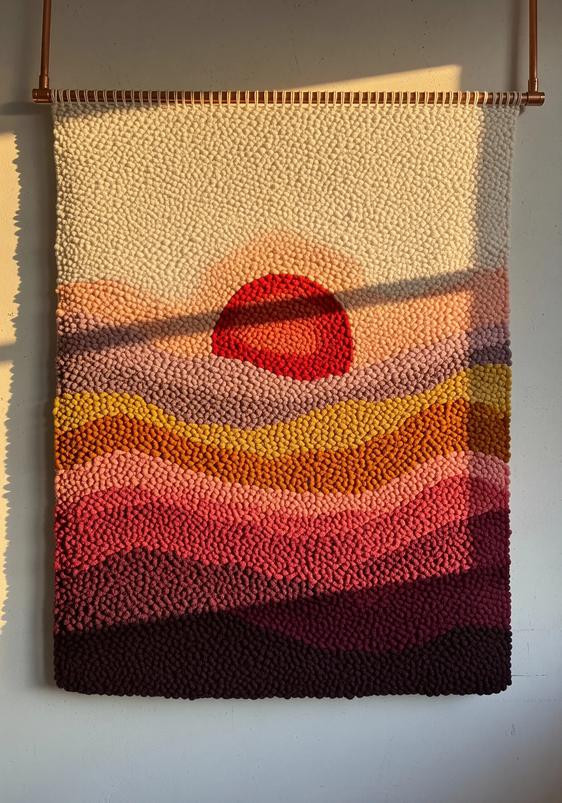 A large punch needle wall hanging depicting a vibrant, textured sunset over rolling hills.