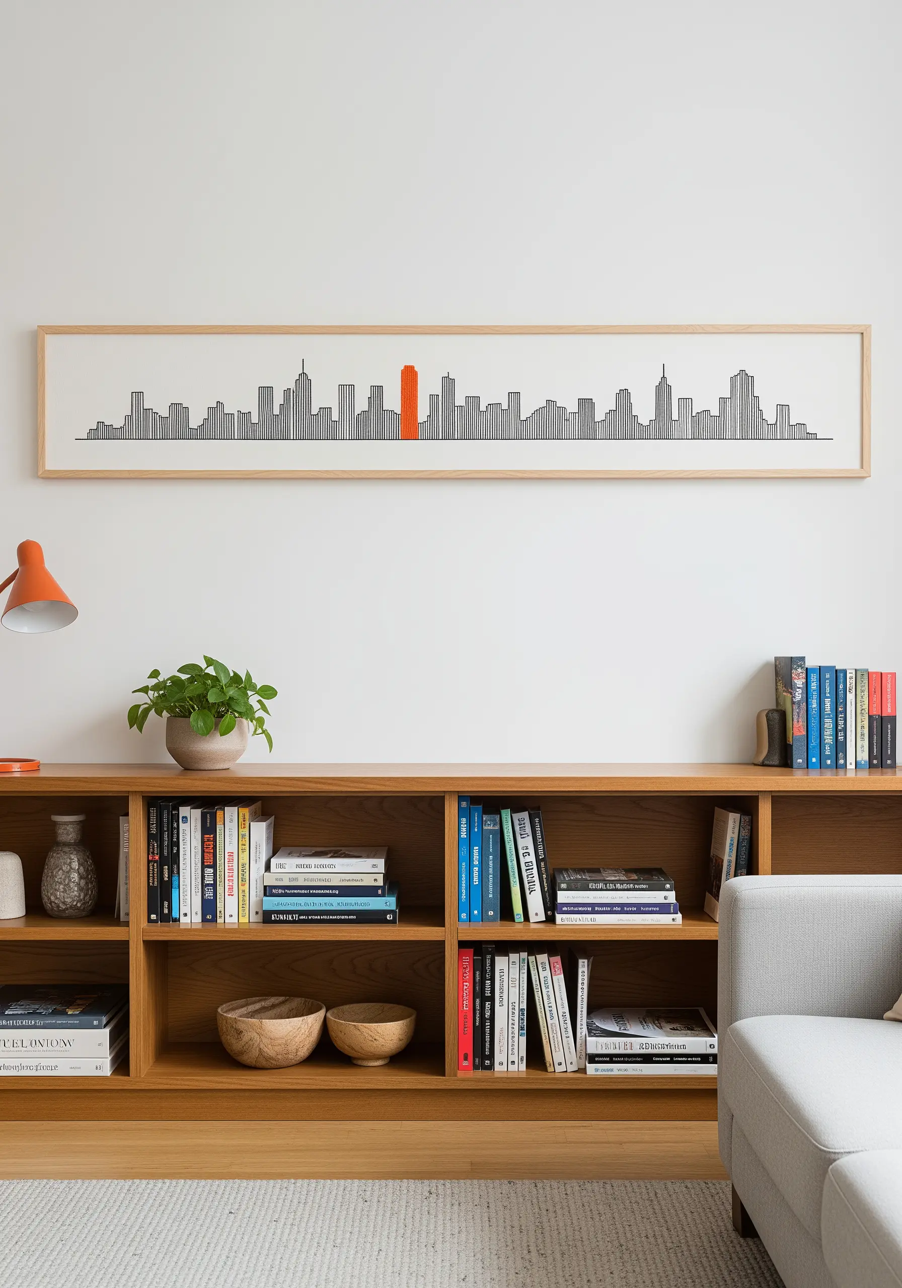 A long, panoramic framed embroidery of a black city skyline with a single orange building.