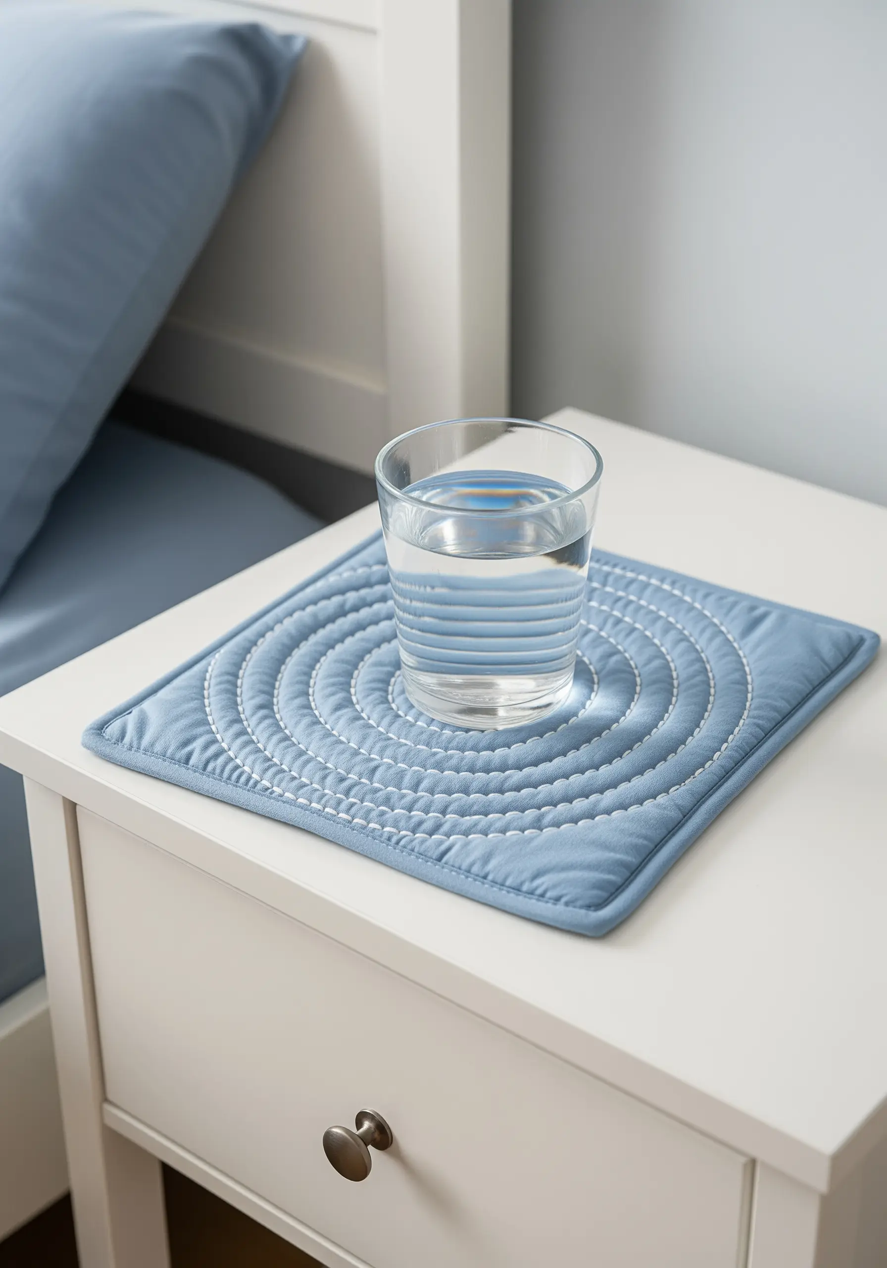 A blue quilted coaster with concentric circles stitched in white, sitting on a nightstand.
