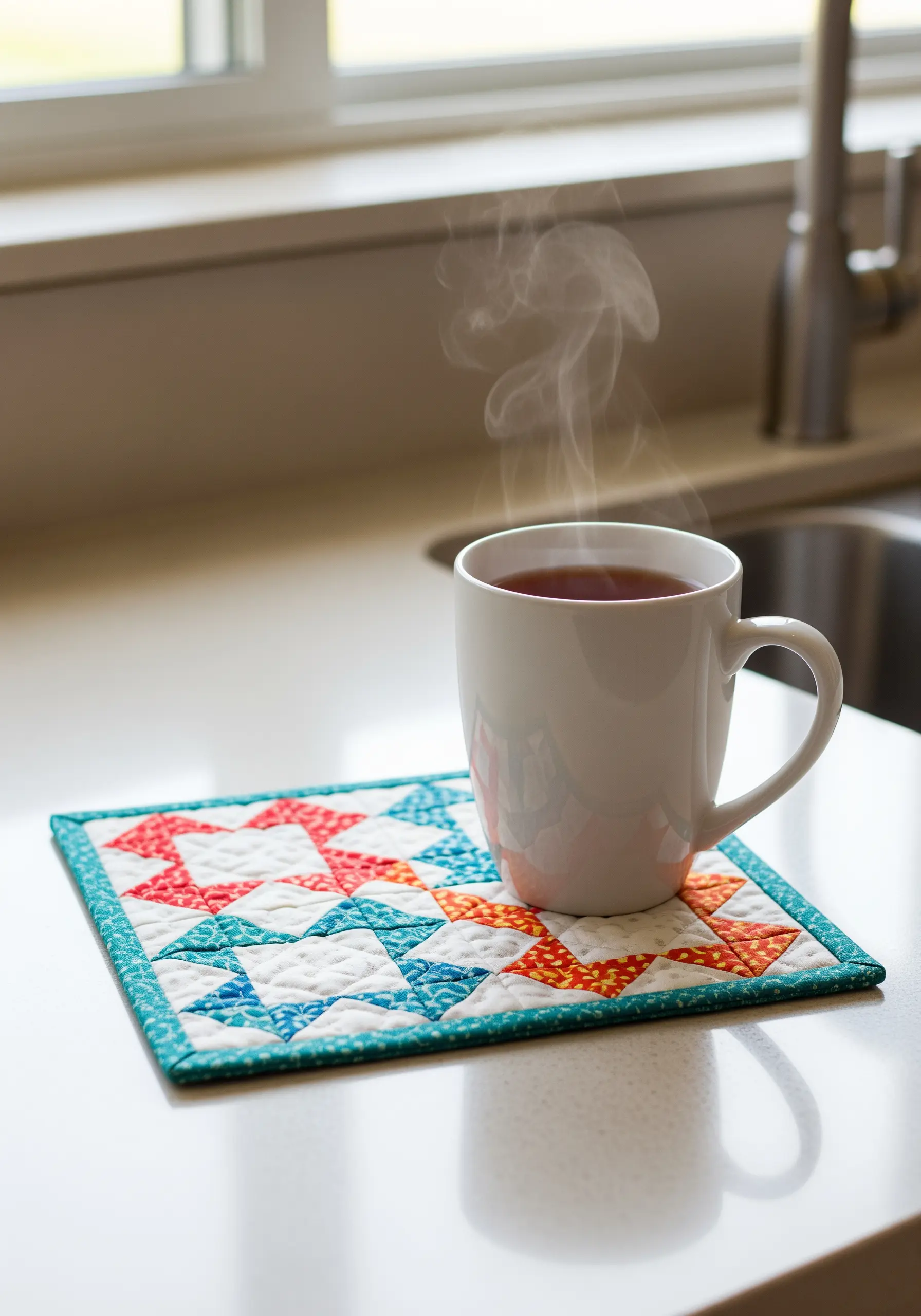 A small, colorful quilted mug rug with a geometric star pattern, holding a steaming mug.