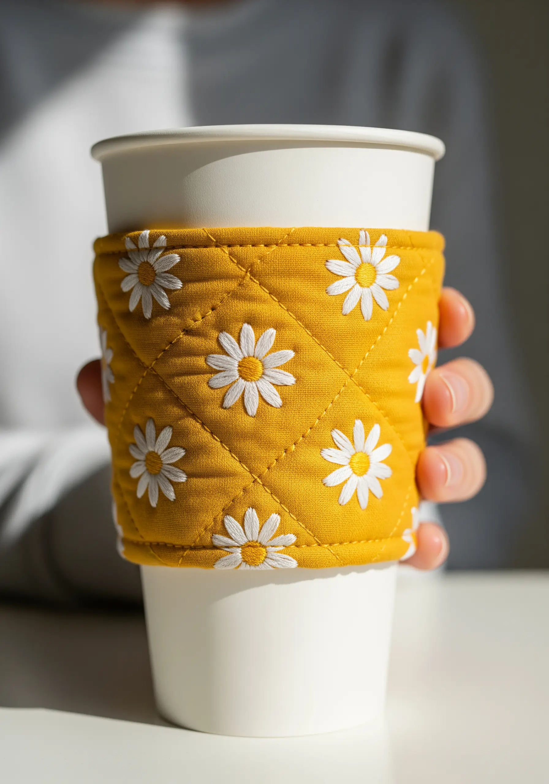A person holding a coffee cup with a yellow quilted sleeve embroidered with white daisies
