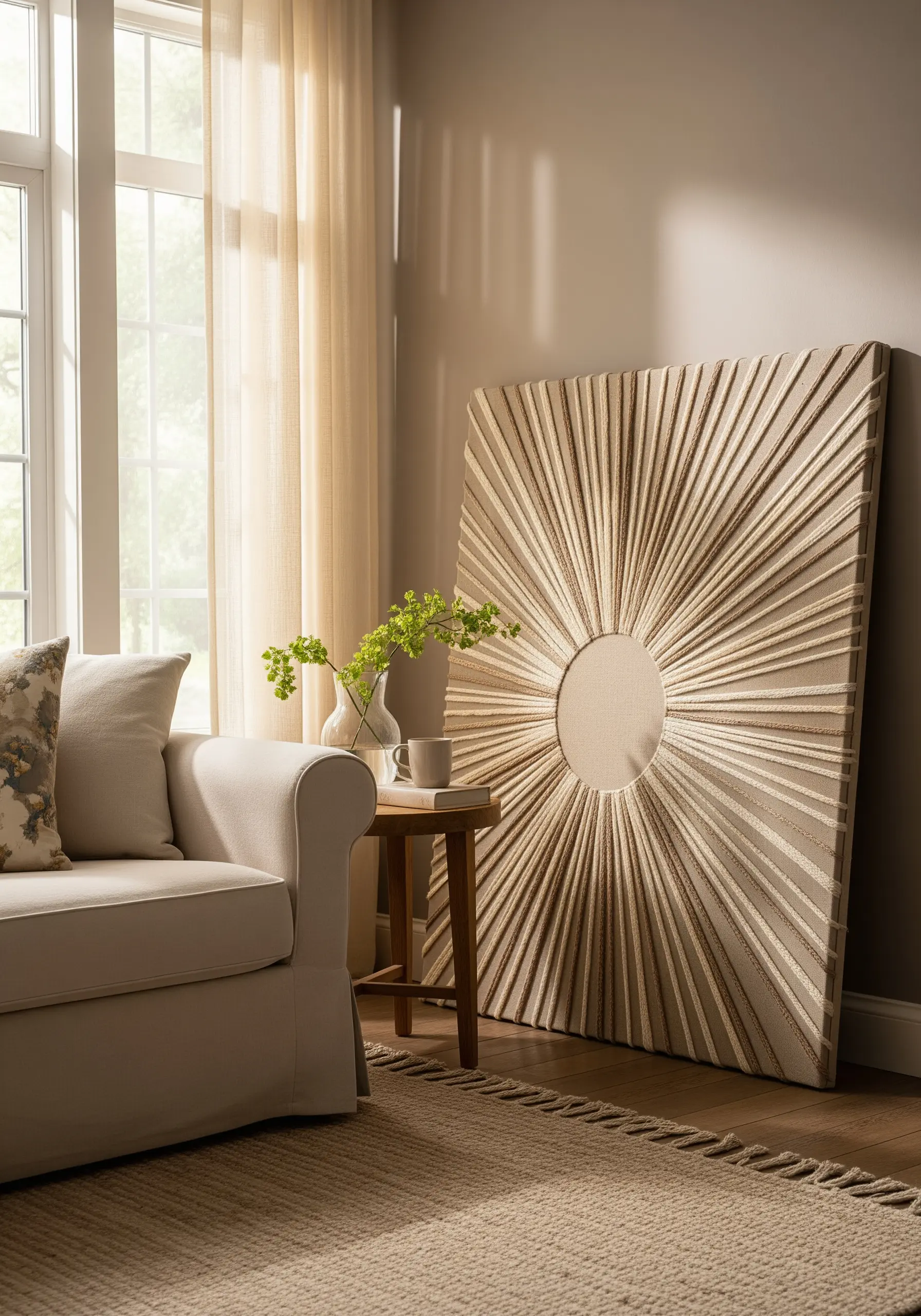A large, square canvas with threads stitched in a radial sunburst pattern.