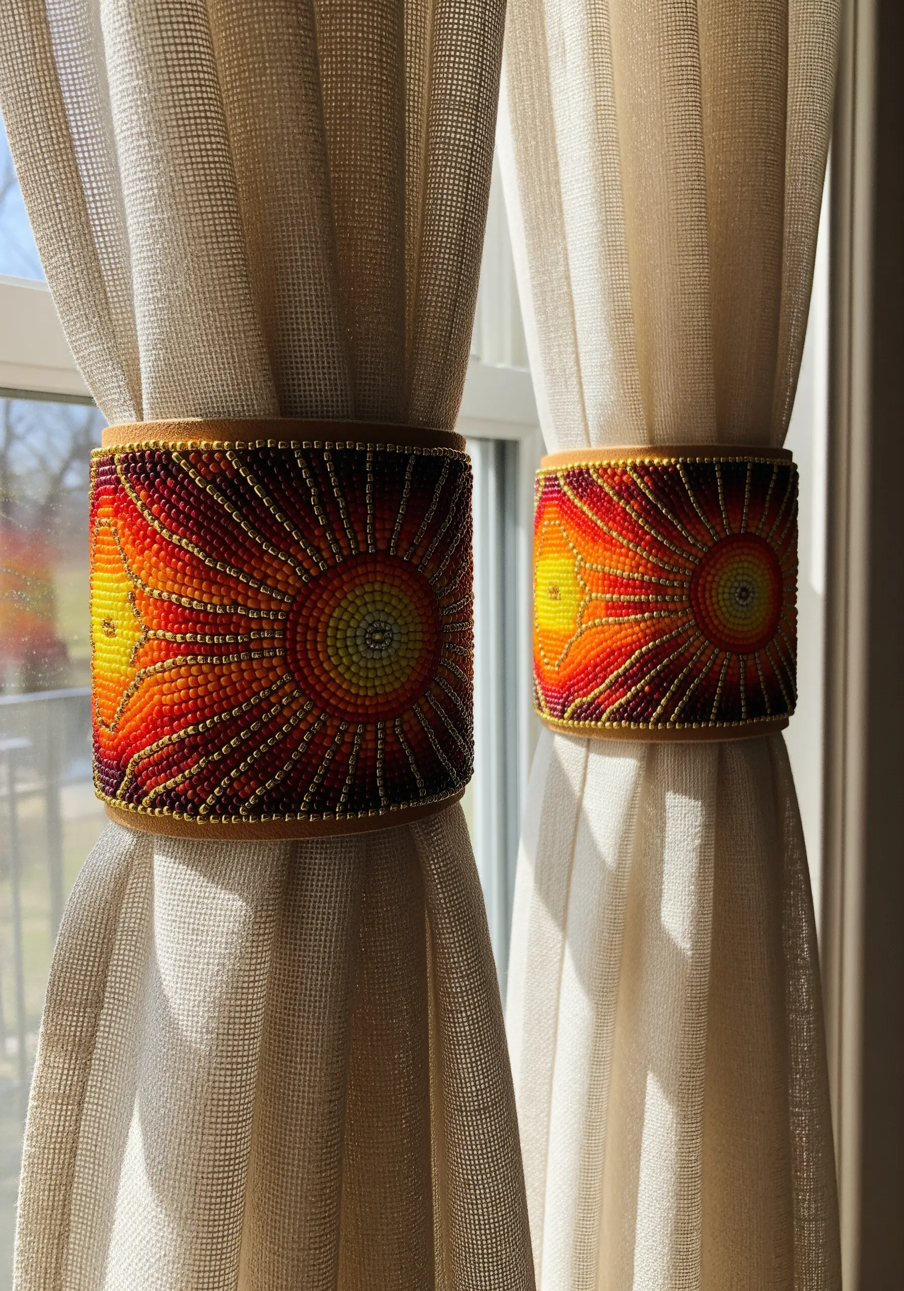 Beaded curtain tie-backs with a sunburst gradient pattern in red, orange, and yellow.