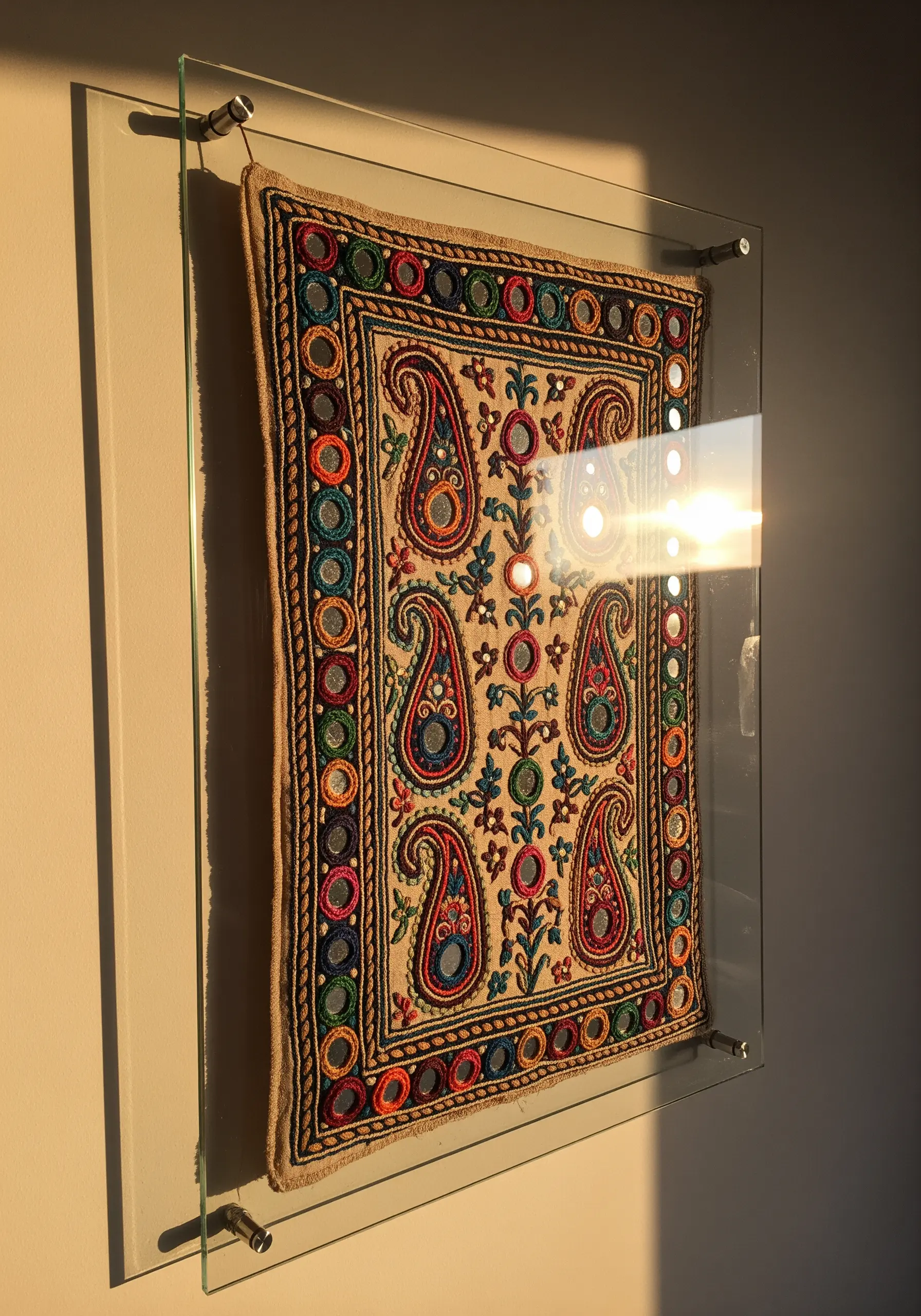 Traditional Indian Shisha embroidery with mirrors, paisley motifs, and colorful borders.