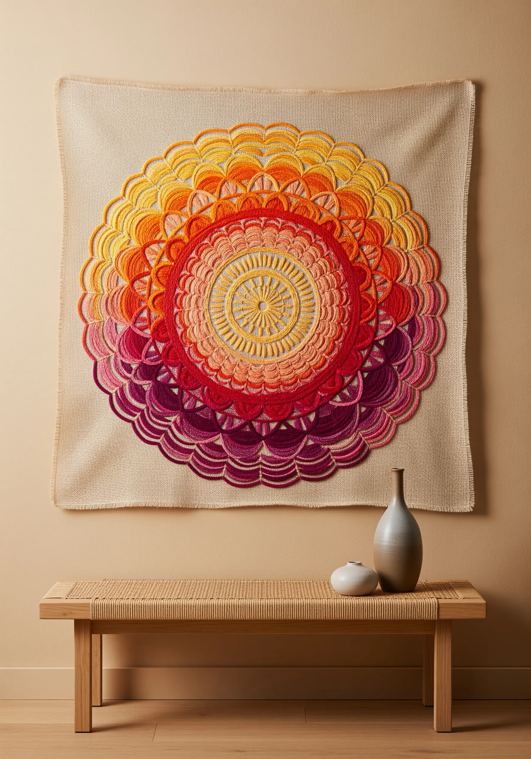 A large mandala wall hanging with a warm sunset gradient from yellow to deep purple.