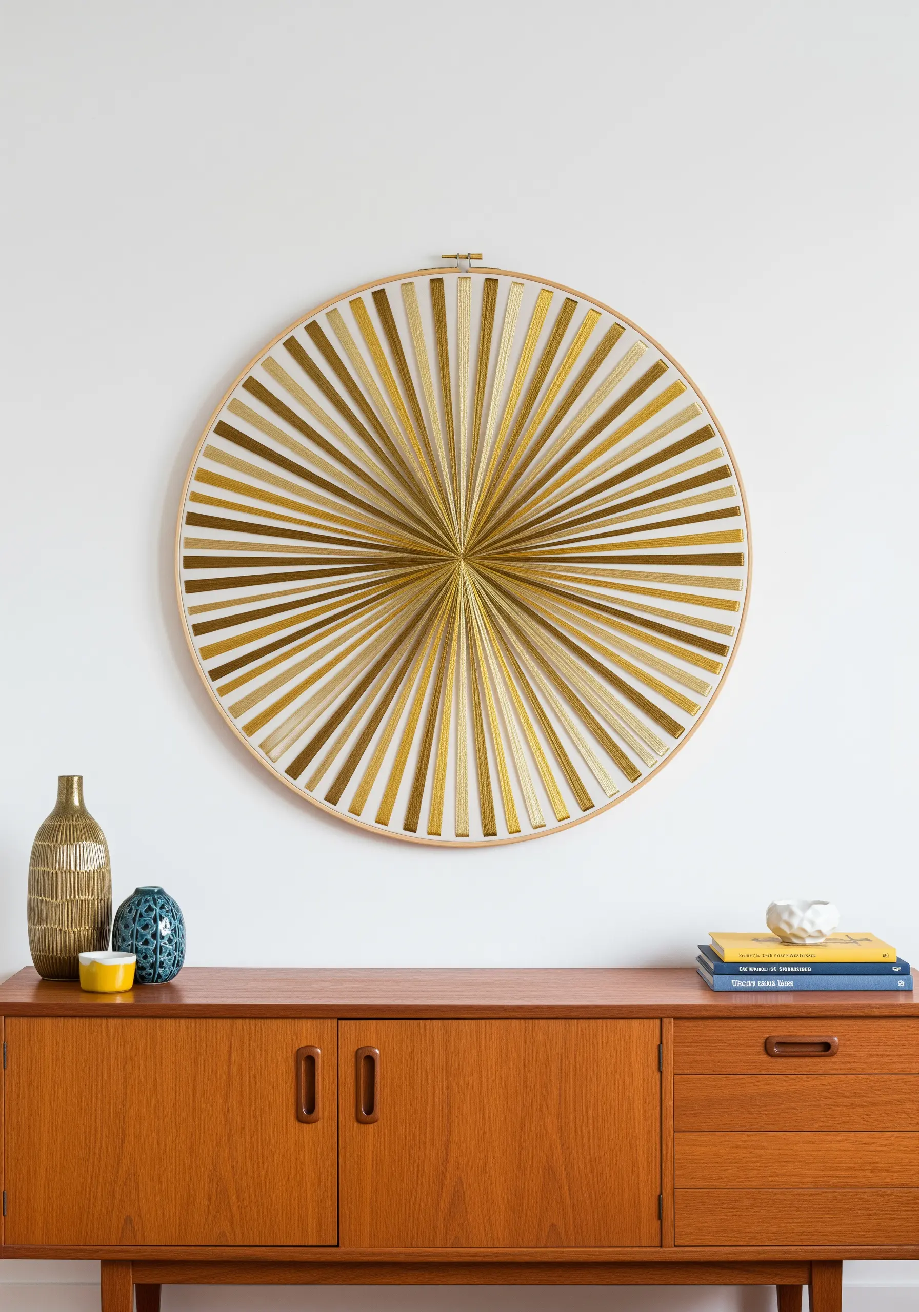 A large embroidery hoop with radial lines of gold and bronze metallic thread creating a sunburst.