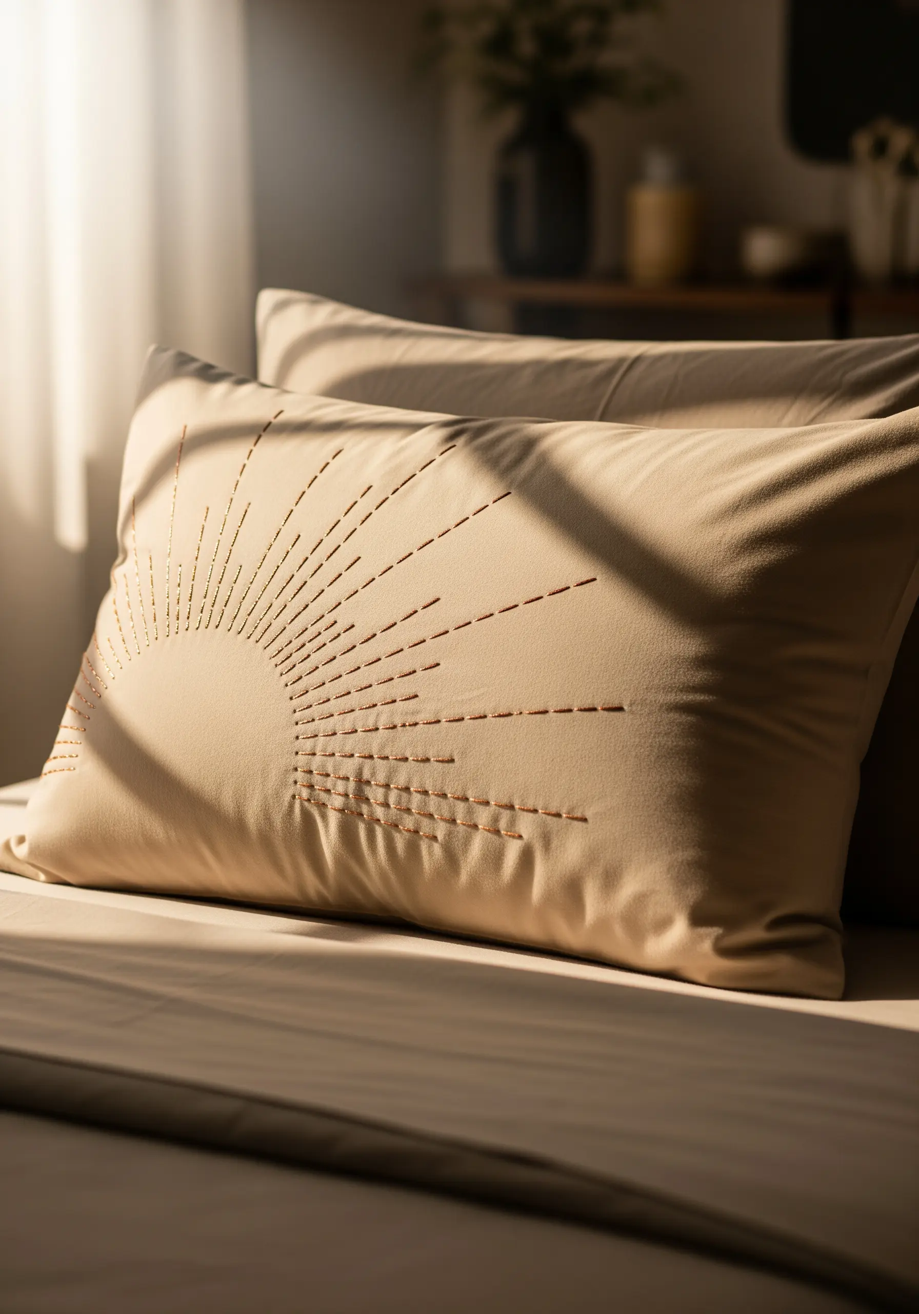 A minimalist sunburst design stitched with running stitches on a beige pillow in warm light.