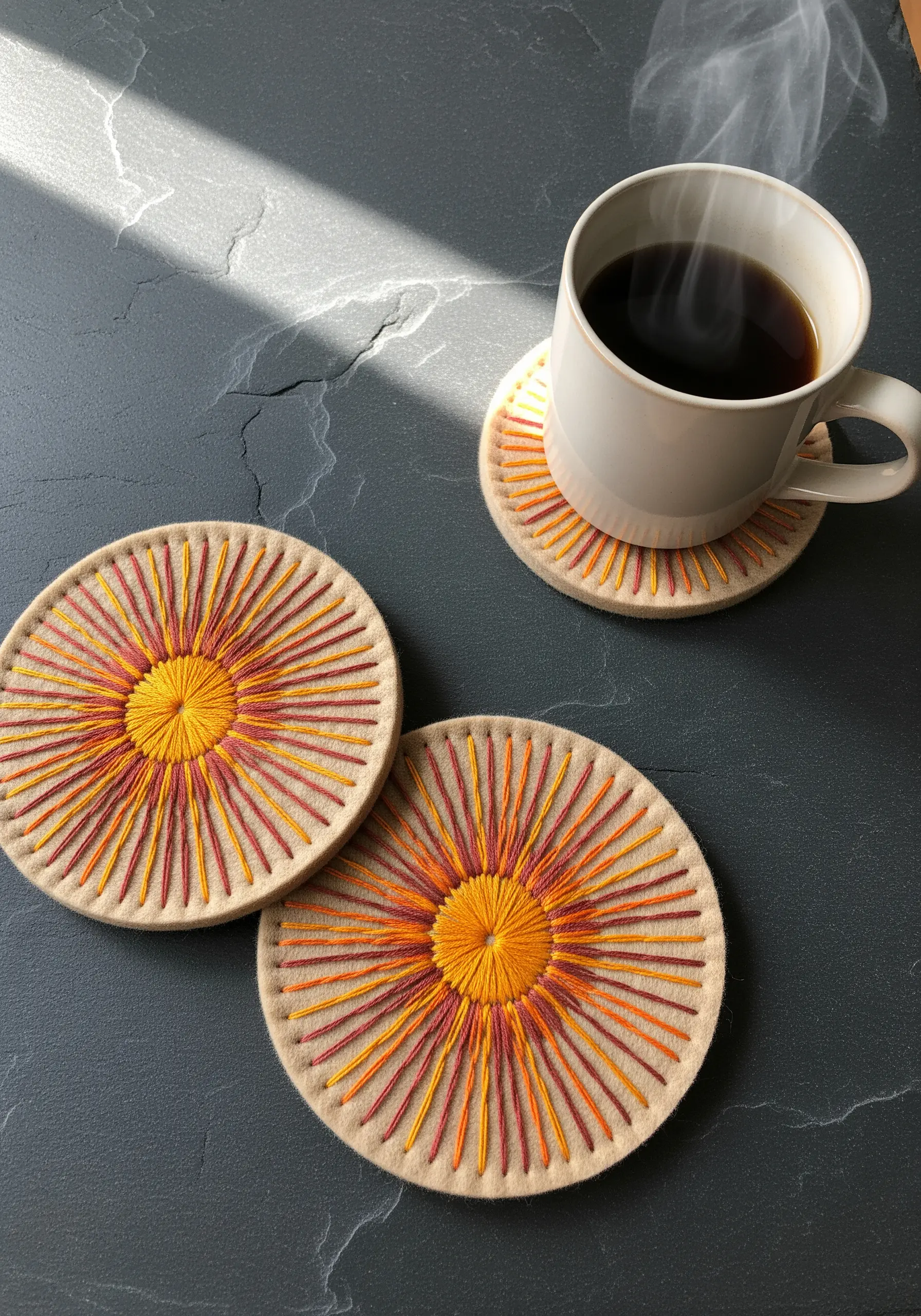 Felt coasters with radiating straight stitches in orange, yellow, and red thread