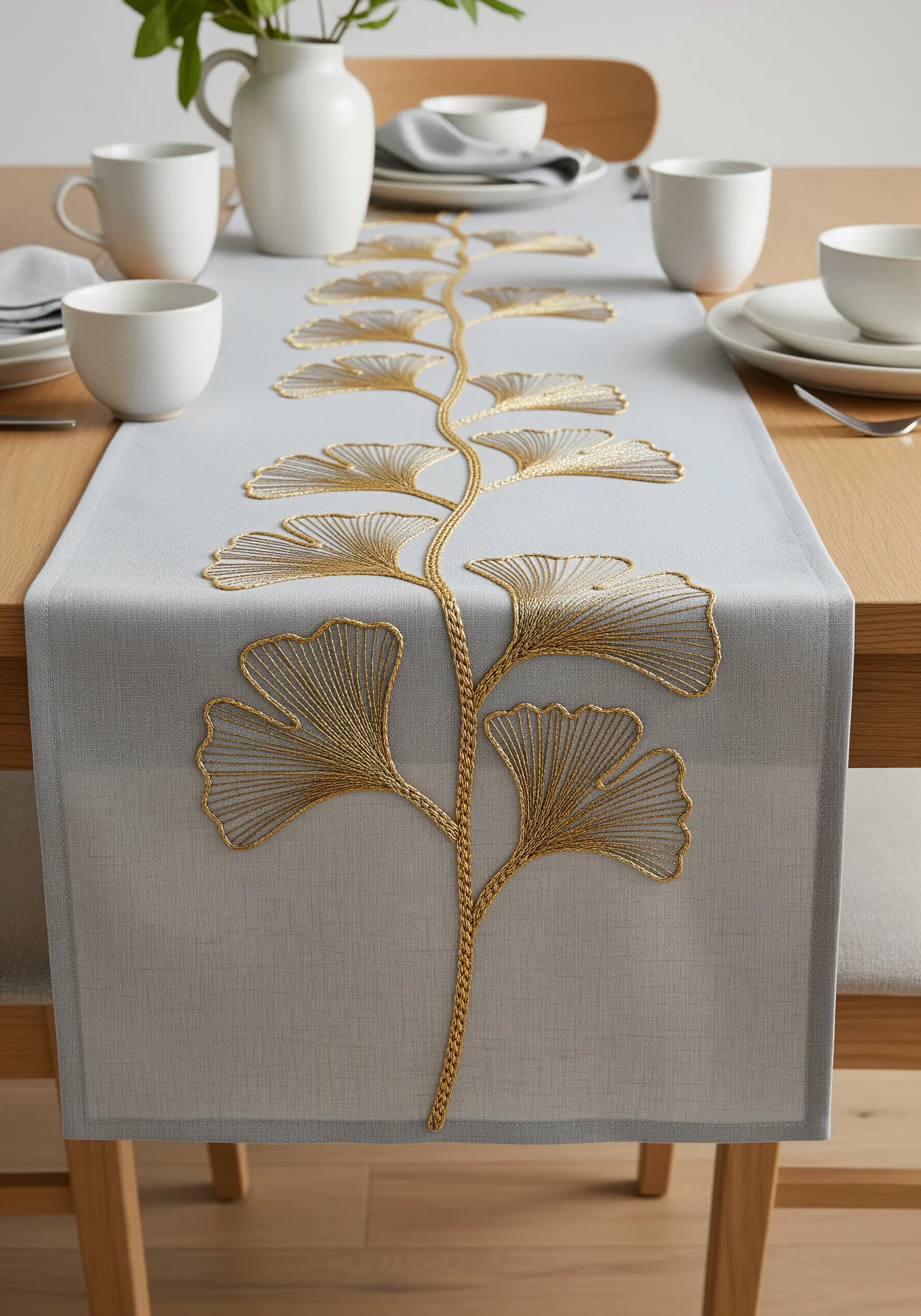 Gold embroidery of a ginkgo branch with radiating stitches on a grey table runner.