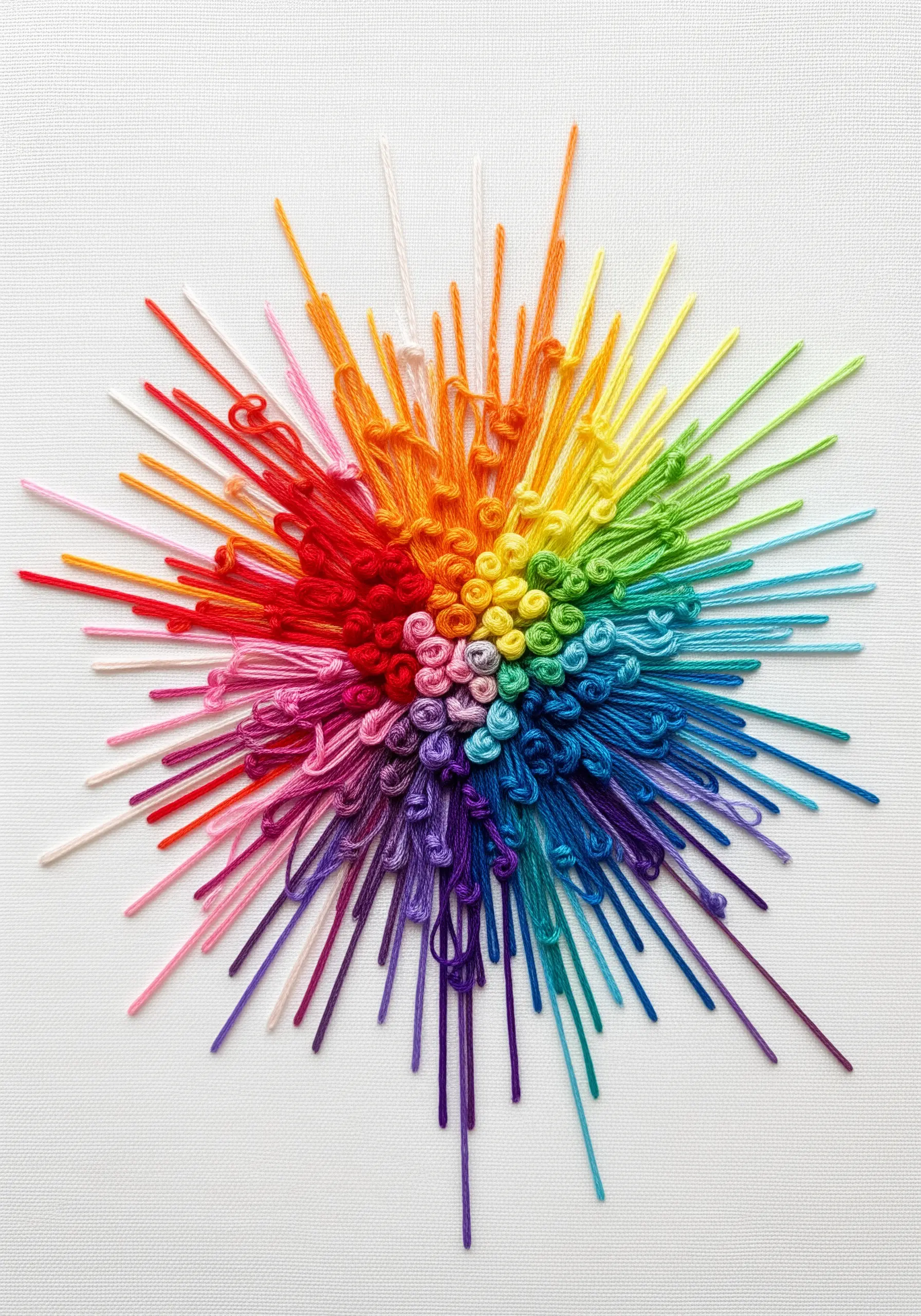 Rainbow embroidery burst with a French knot center and radiating straight stitches.