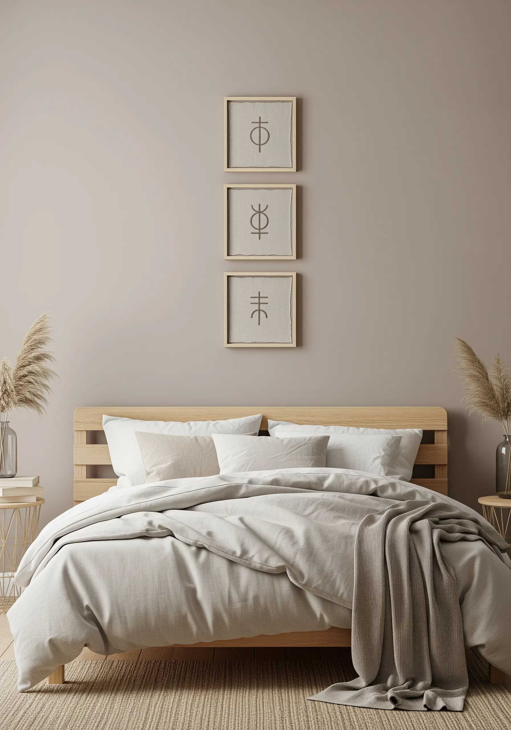 A vertical triptych of framed minimalist symbols stitched on linen with raw, frayed edges.