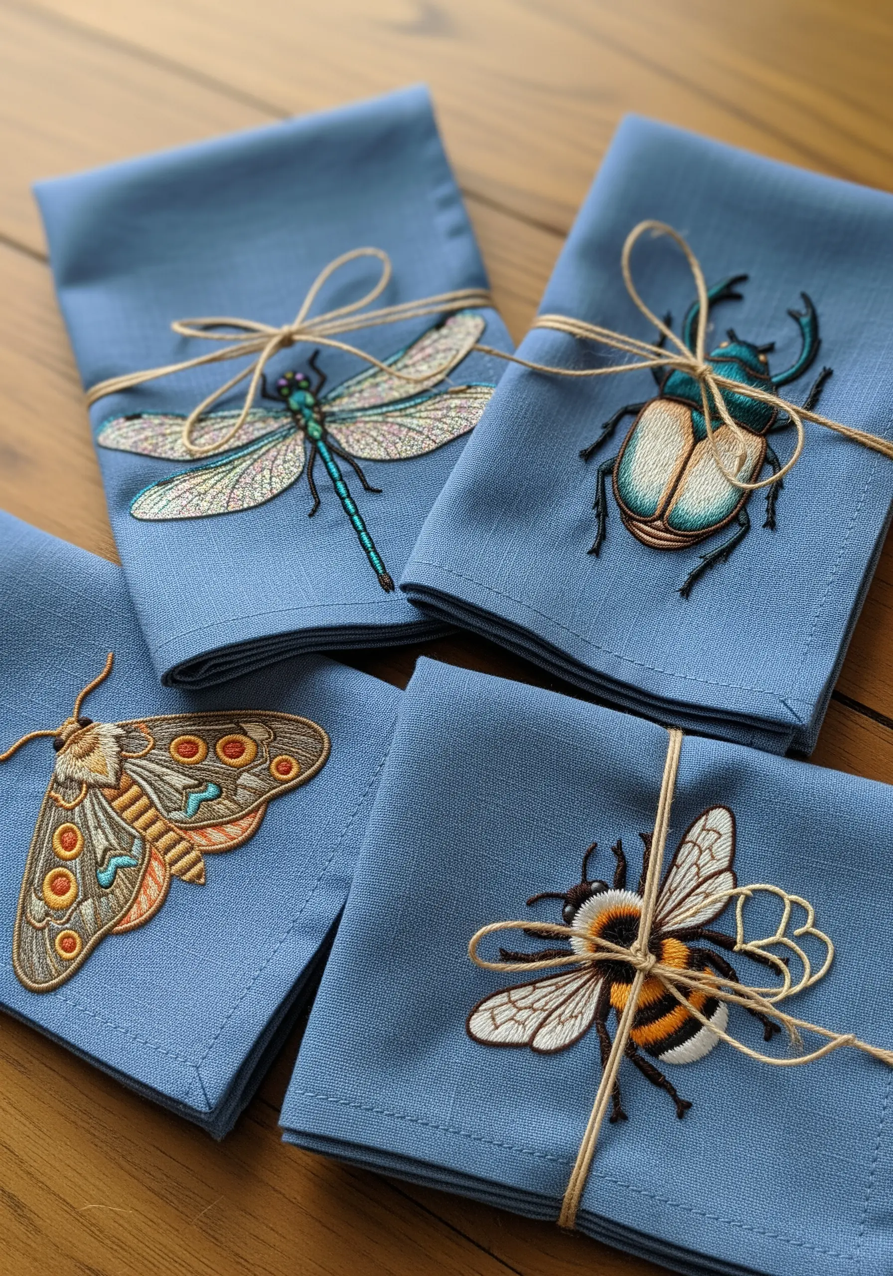 Blue linen napkins, each embroidered with a realistic insect: a bee, beetle, moth, and dragonfly.