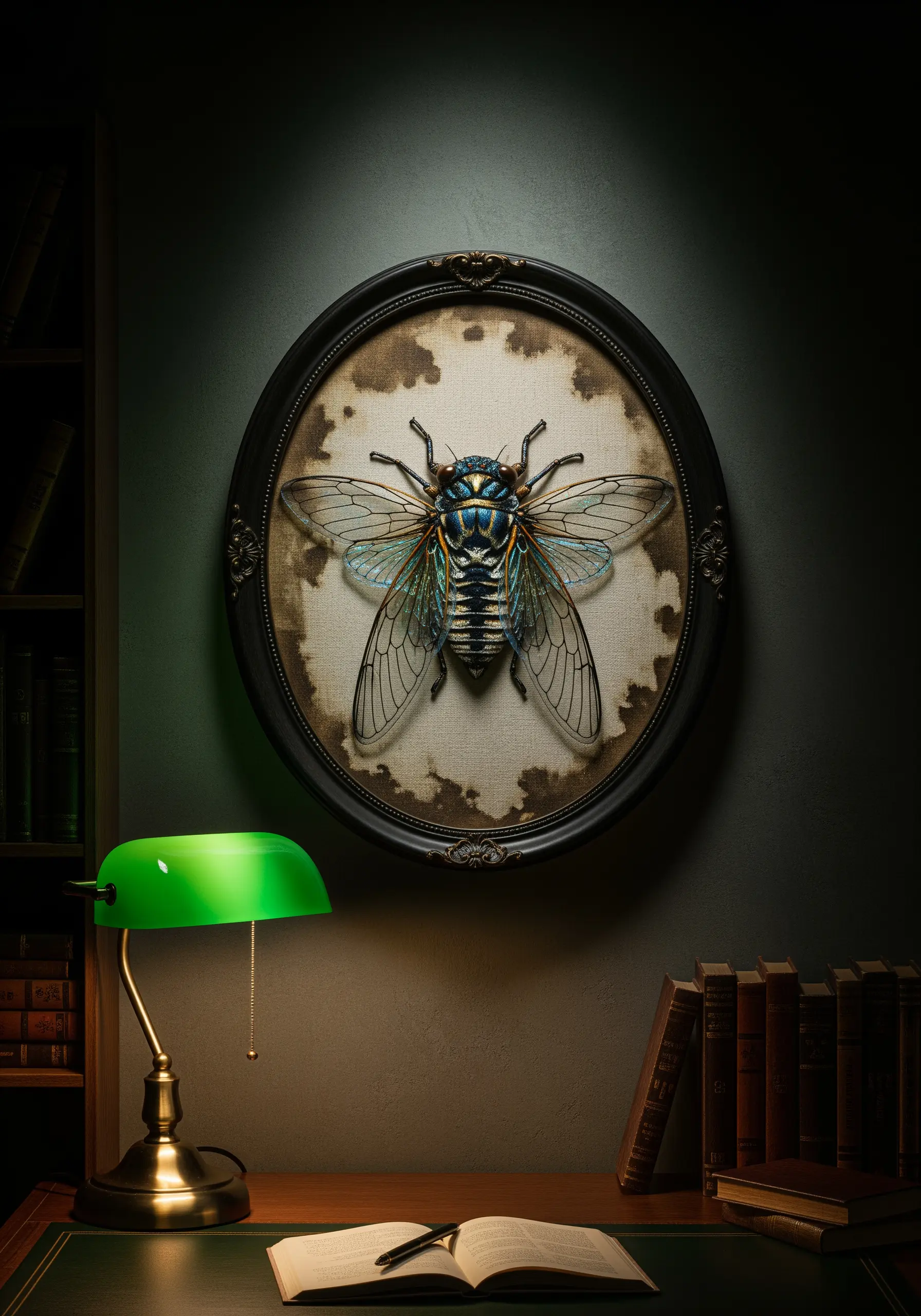 A hyper-realistic embroidered cicada with translucent wings in an oval frame.