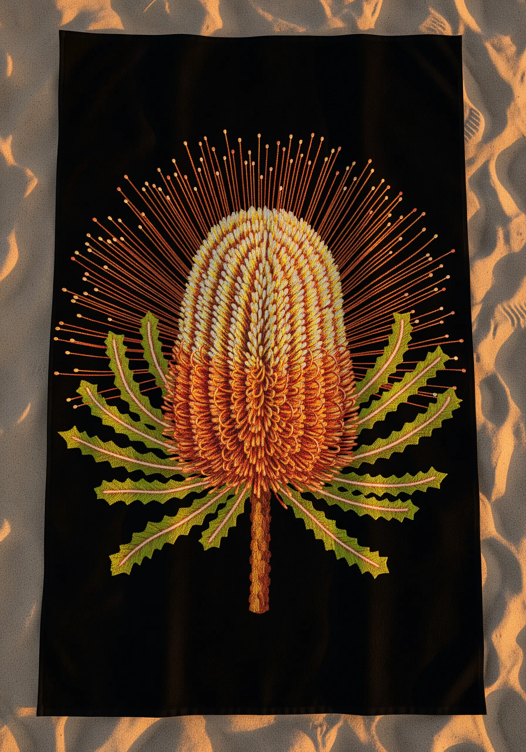 A highly detailed, textured Banksia flower embroidered in orange and yellow on a black towel.